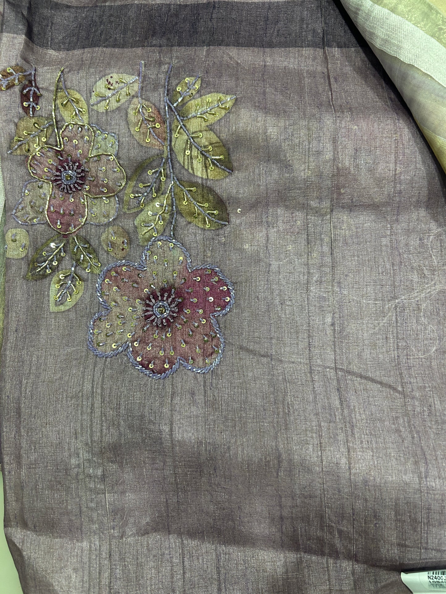 Pure tissue and Organza silver and golden vertical striped saree SO220