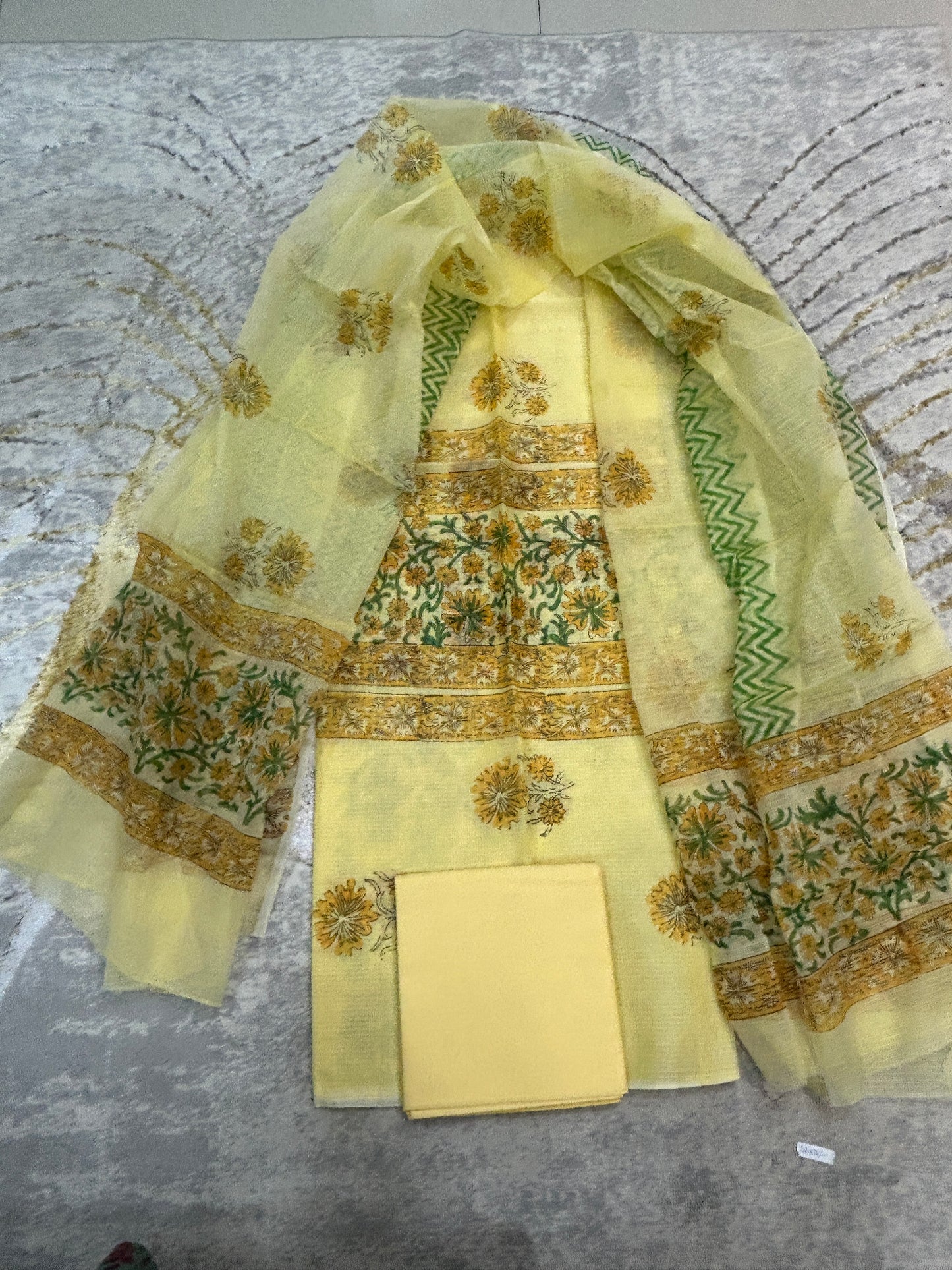 Yellow color printed Kota Doria 3 piece unstitched Dress Material