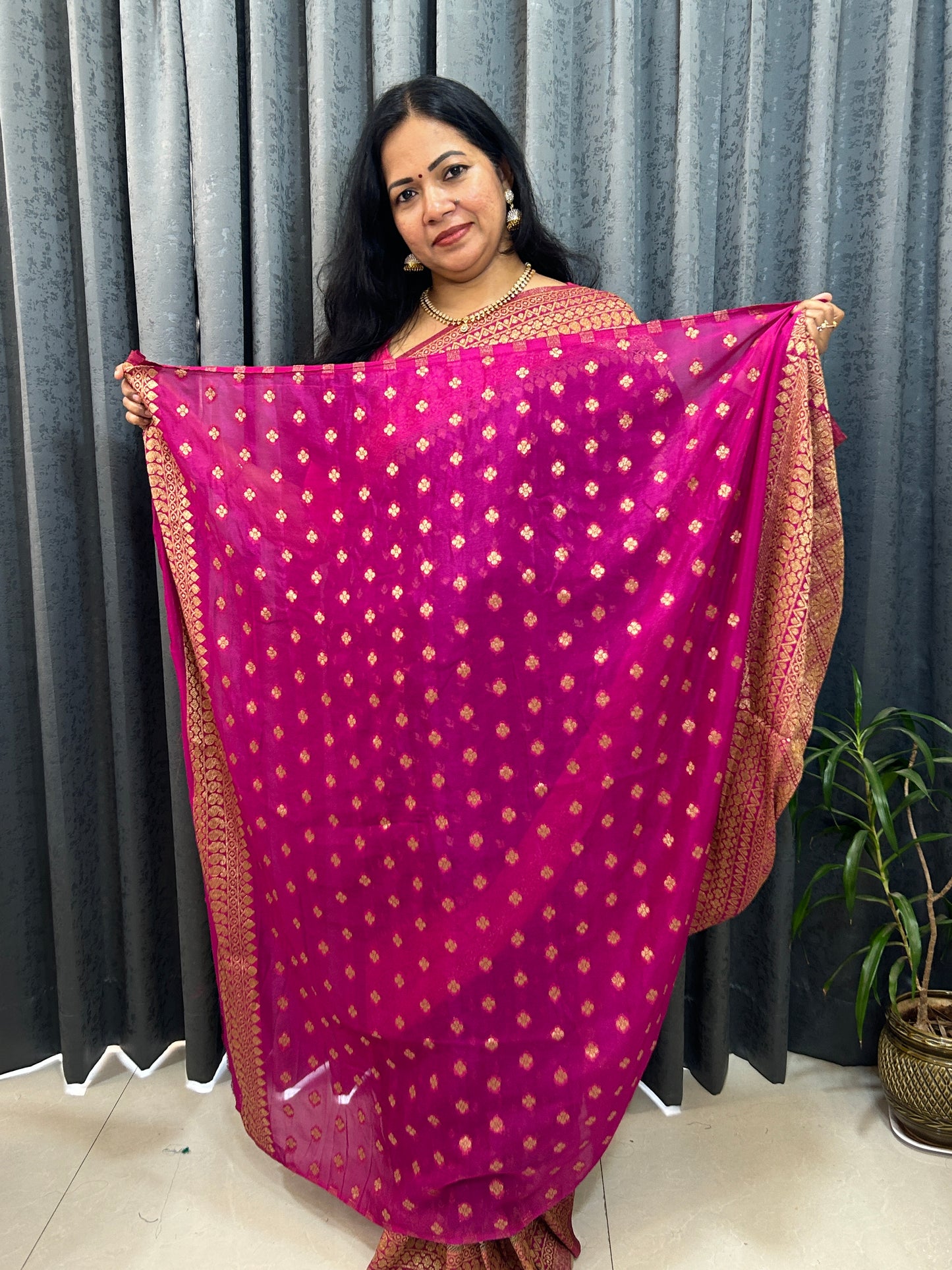 Blue -Pink Khaddi Semi Georgette Banarasi Saree with Blouse Piece SSB86