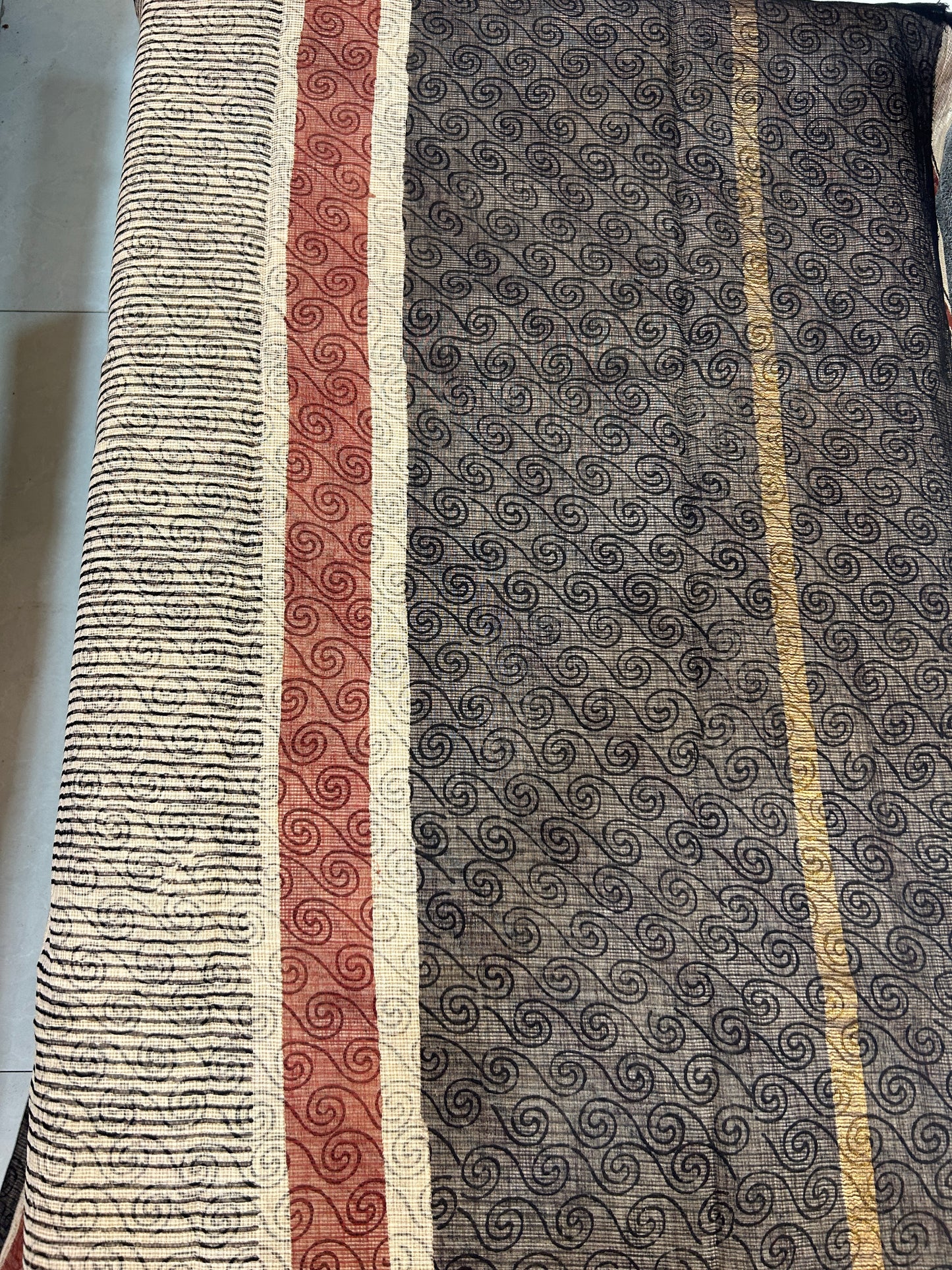 Beige and Black Kota Doriya Hand Block print Sarees with Blouse Piece SKT141