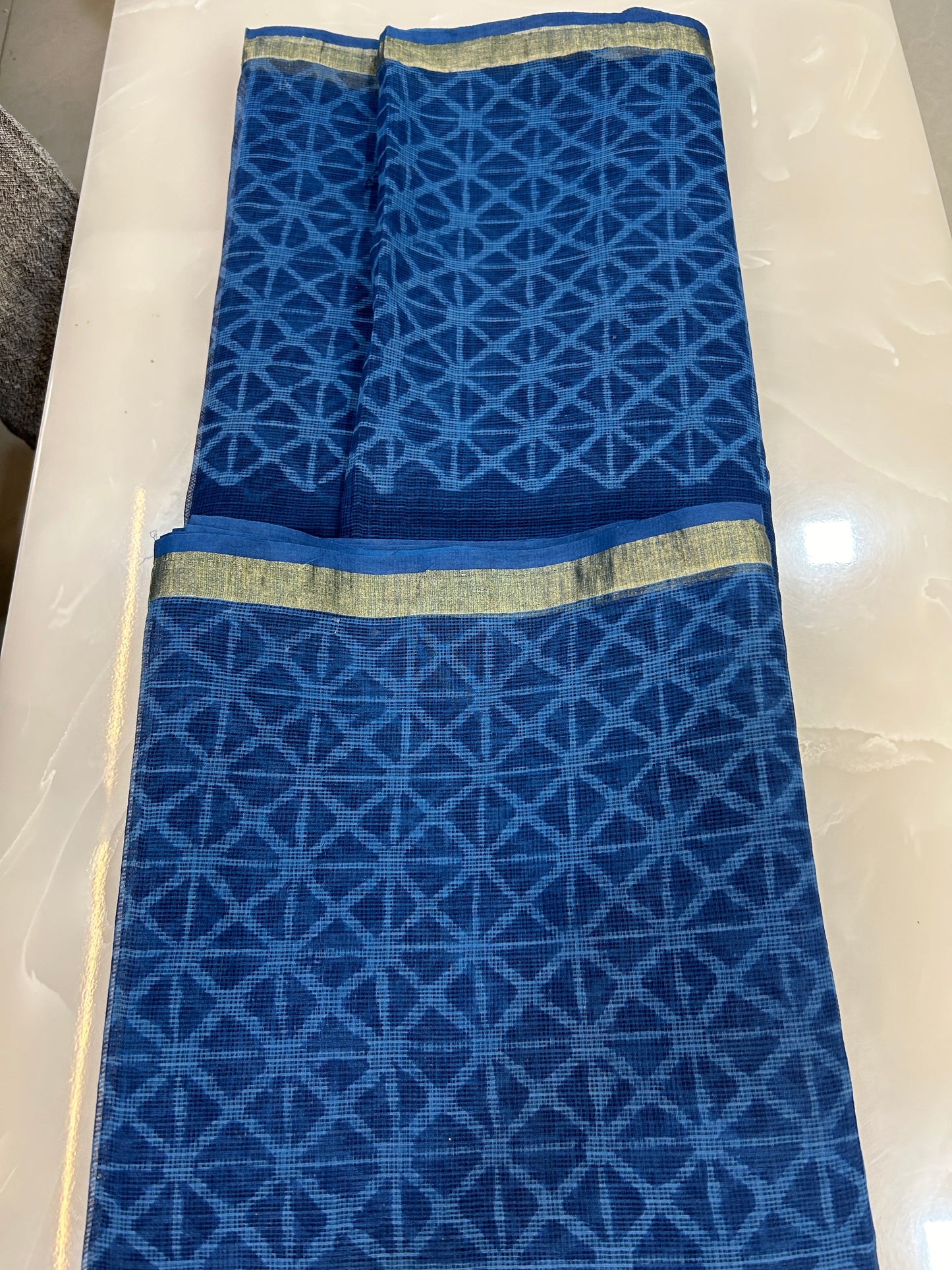 Indigo Kota Doriya Hand Block print Sarees with Blouse Piece SKT139