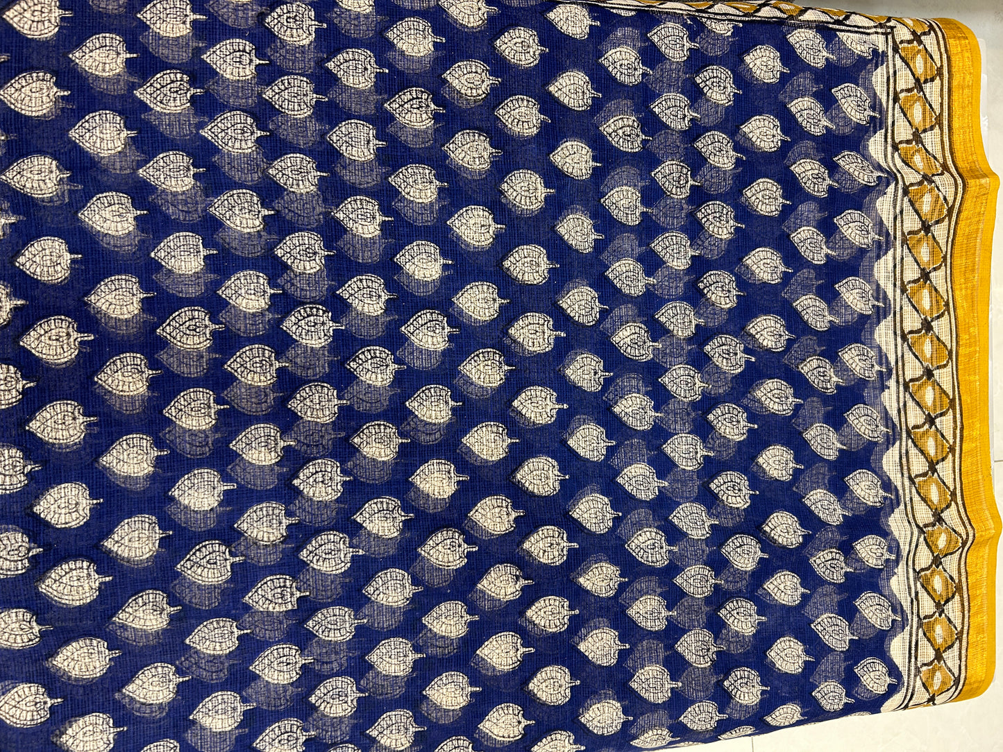 Blue and Yellow Kota Doriya Hand Block print Sarees with Blouse Piece SKT142