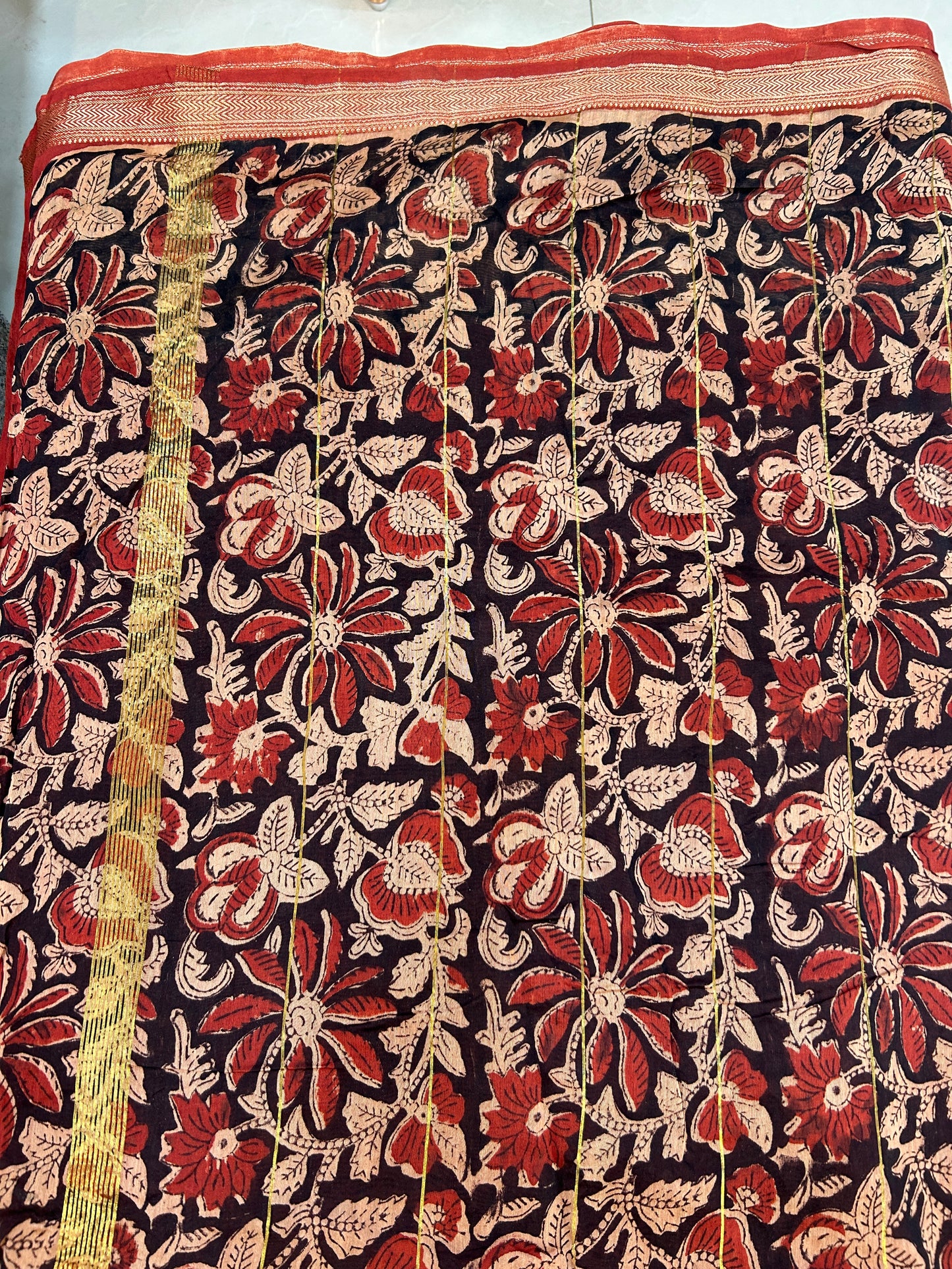 Red and black Bagru Pure Handblock print (flower motifs) Maheshwari Cotton Silk Sarees SMCS135