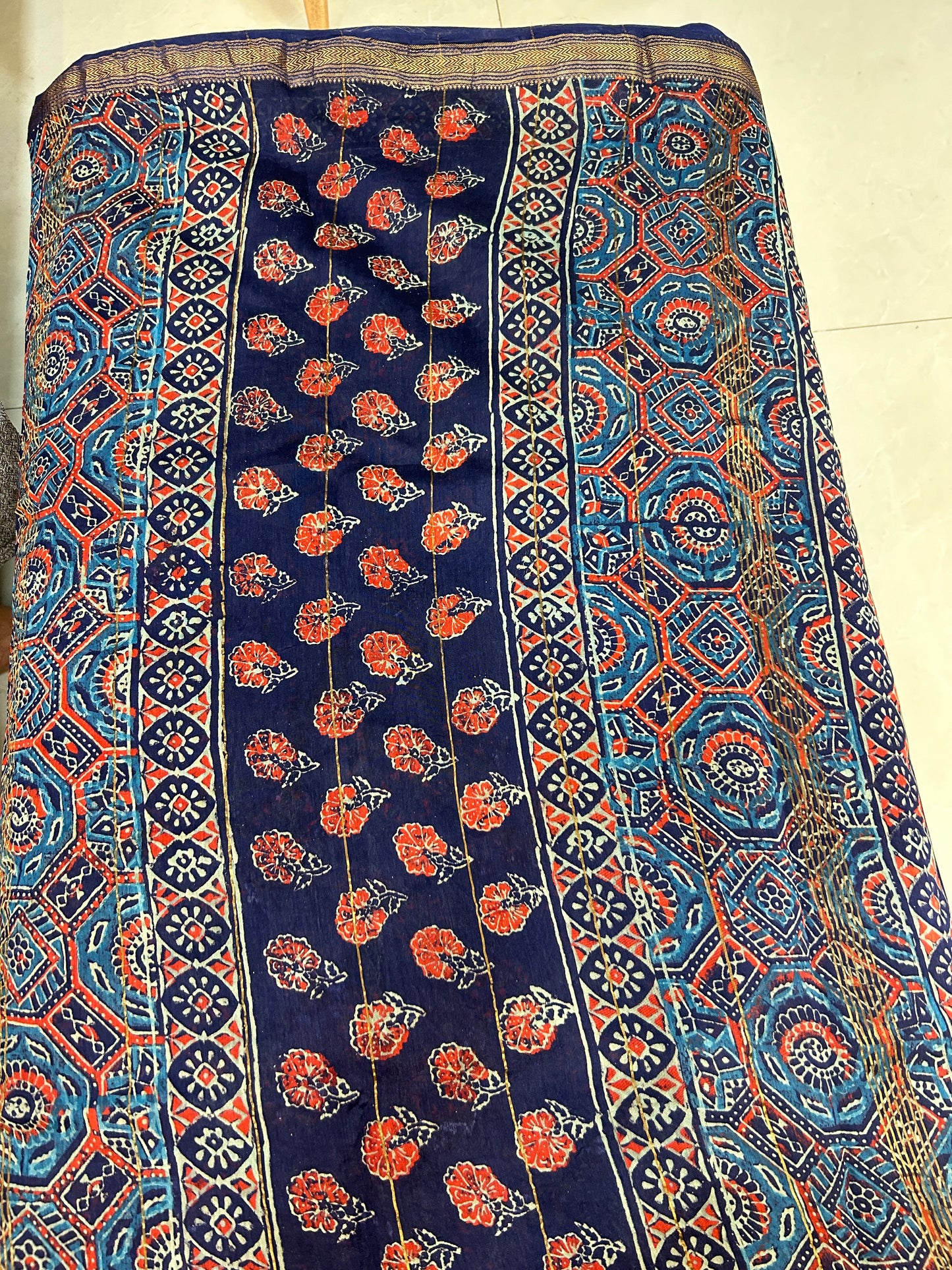 Blue and Red Ajarakh Pure Handblock print Maheshwari Cotton Silk Sarees SMCS138
