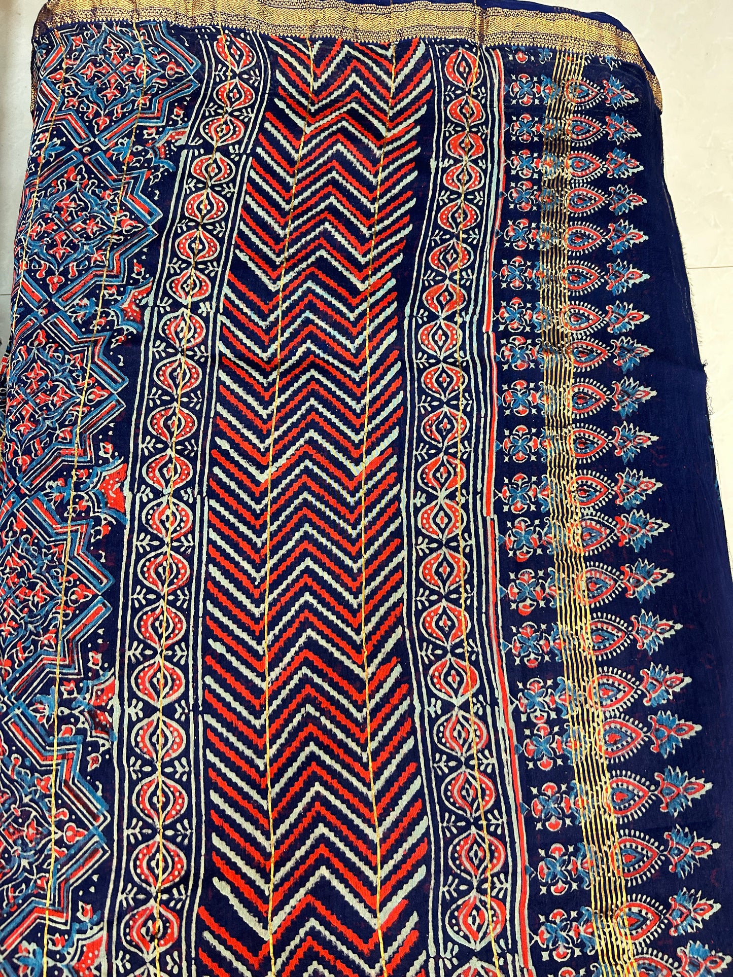 Blue and Red Ajarakh Pure Handblock print Maheshwari Cotton Silk Sarees SMCS137