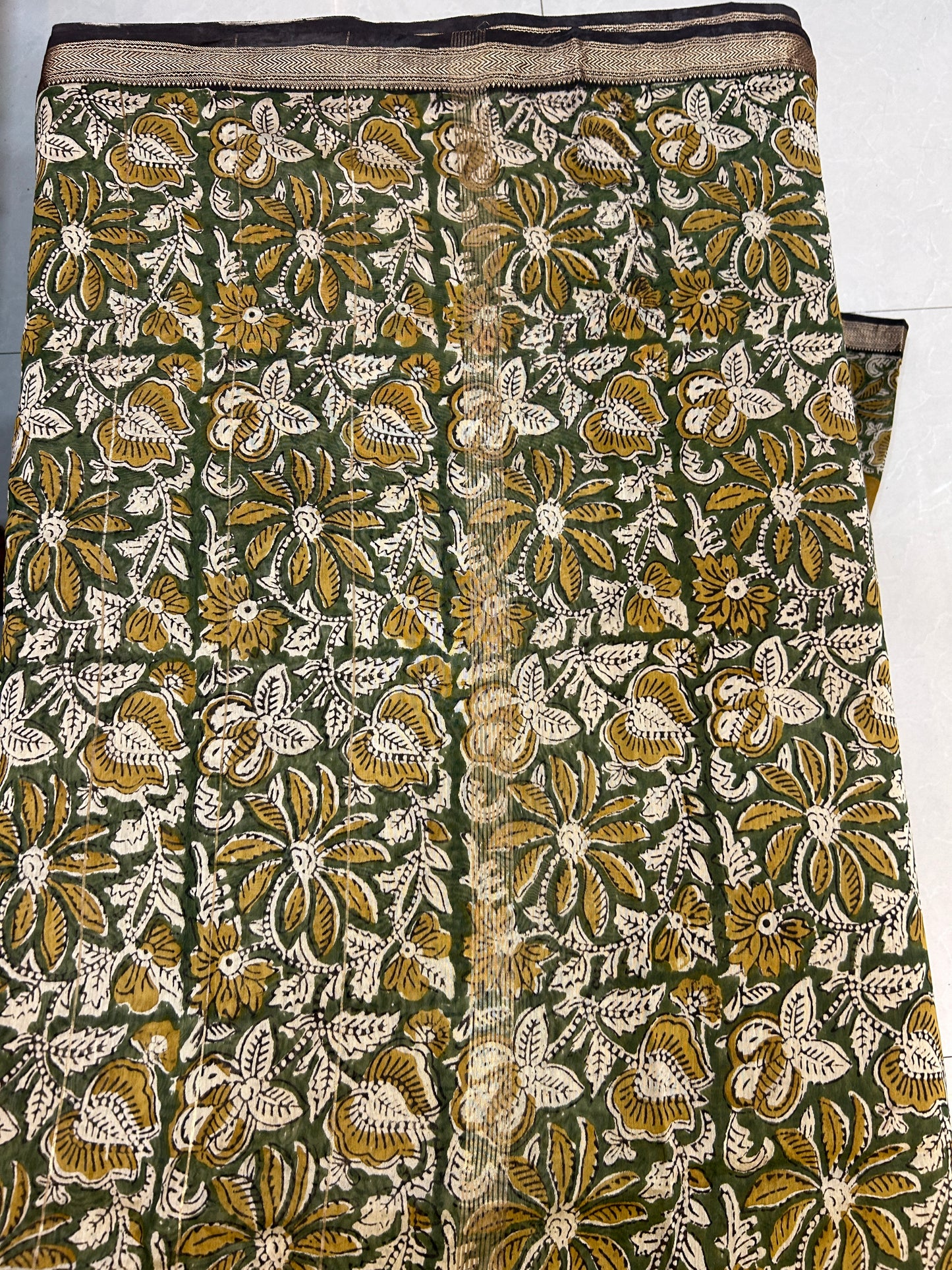 Mustard and Green Bagru Pure Handblock print Maheshwari Cotton Silk Sarees SMCS134