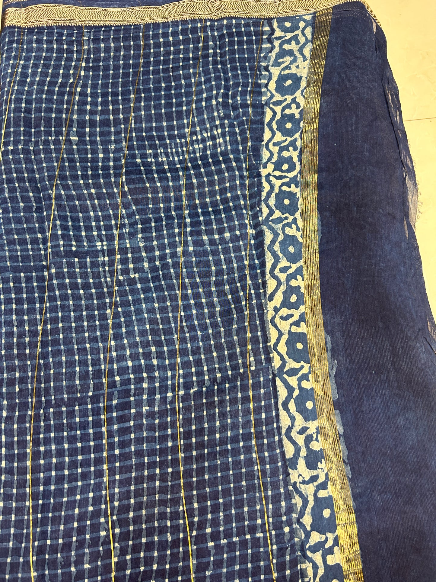 Indigo Bagru Pure Handblock print Maheshwari Cotton Silk Sarees SMCS136