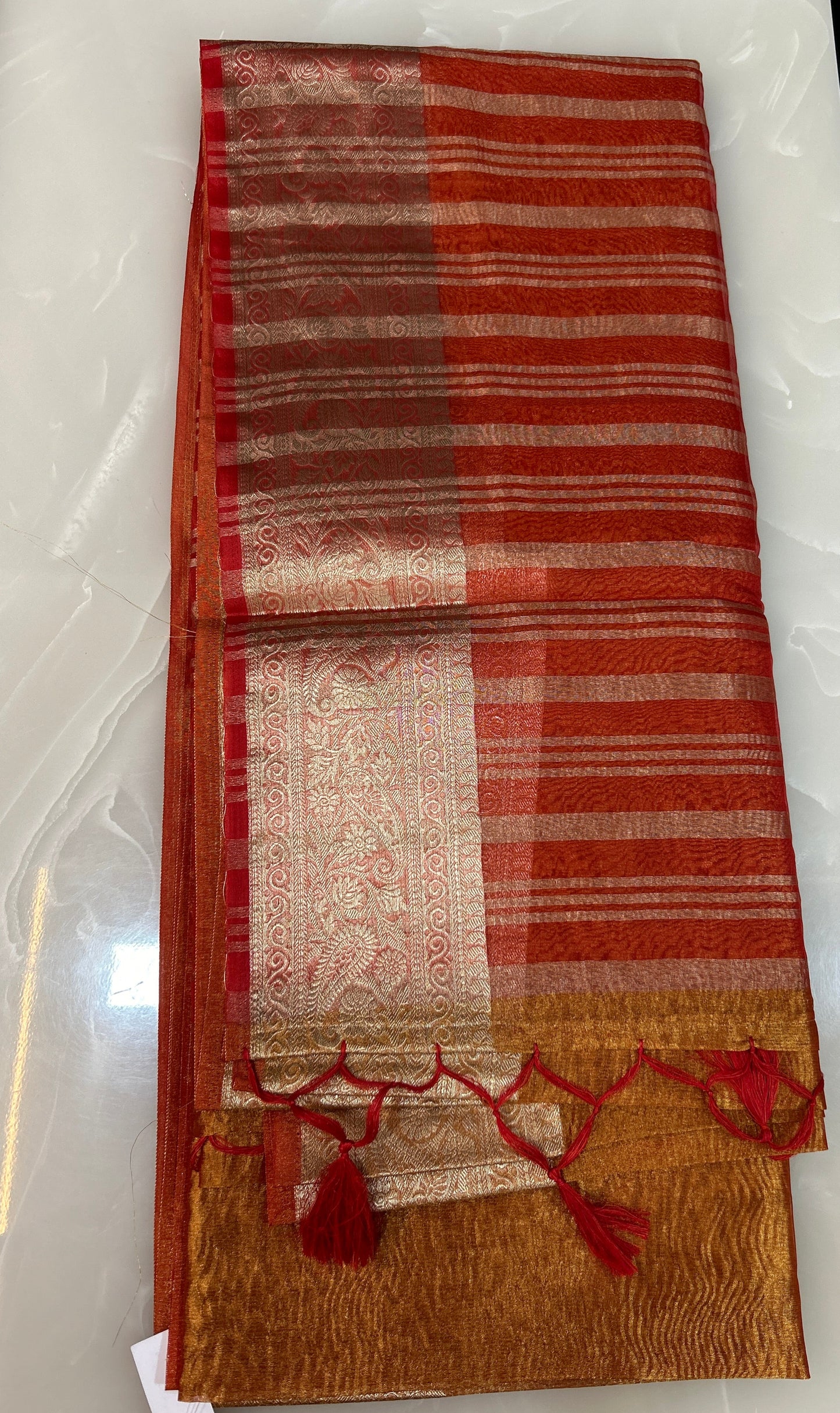 Orange with Red Crushed Organza Saree with blouse piece SCO149