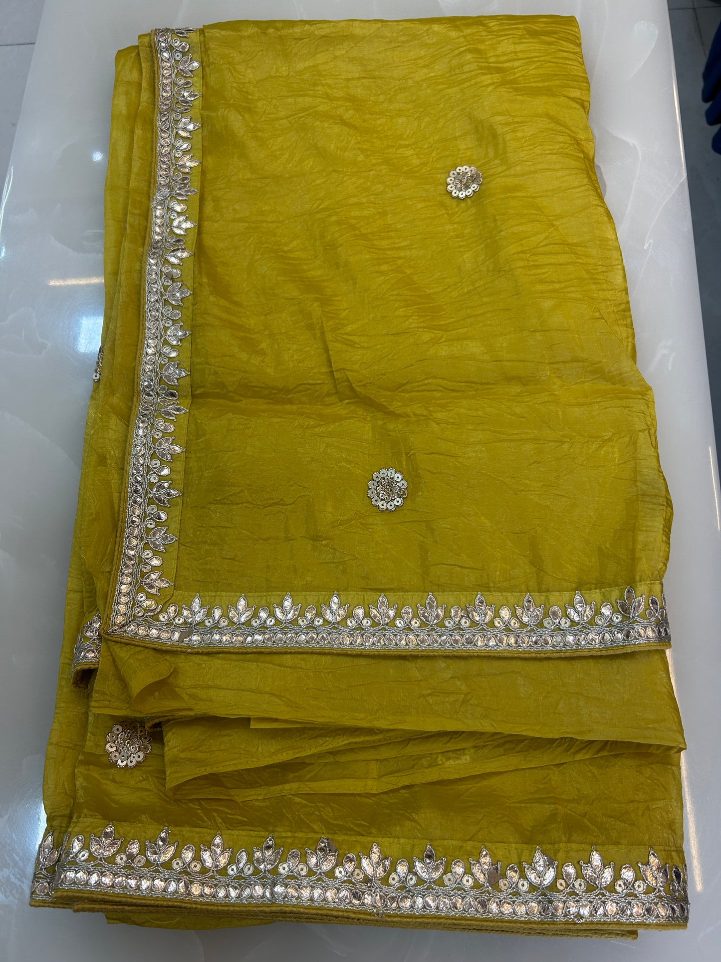 Lemon Yellow crushed Organza Saree with Ready made blouse - SPW168