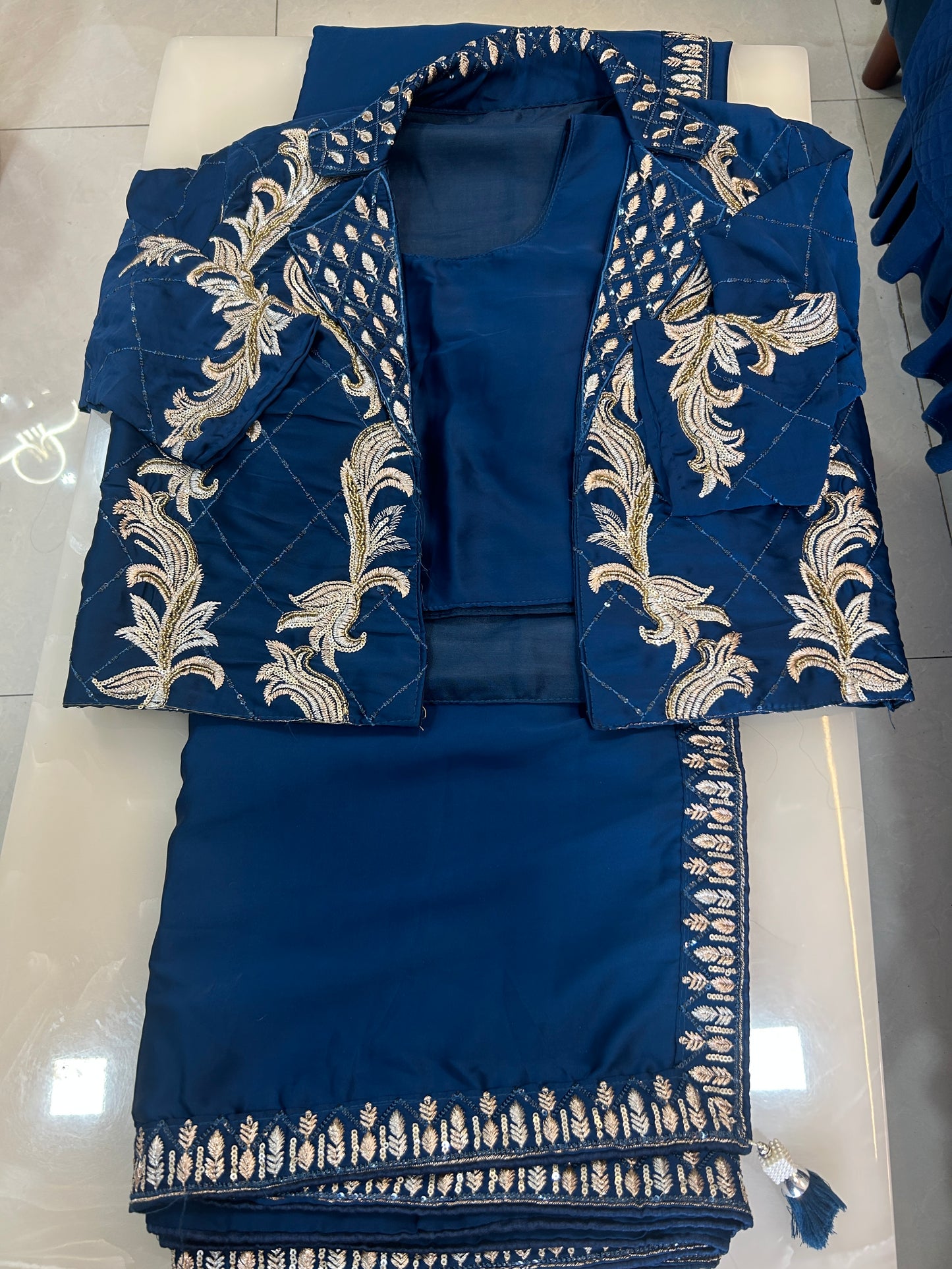 Royal Blue Satin Silk designer Party wear saree with ready made blouse and embroidered Jacket - SPW172
