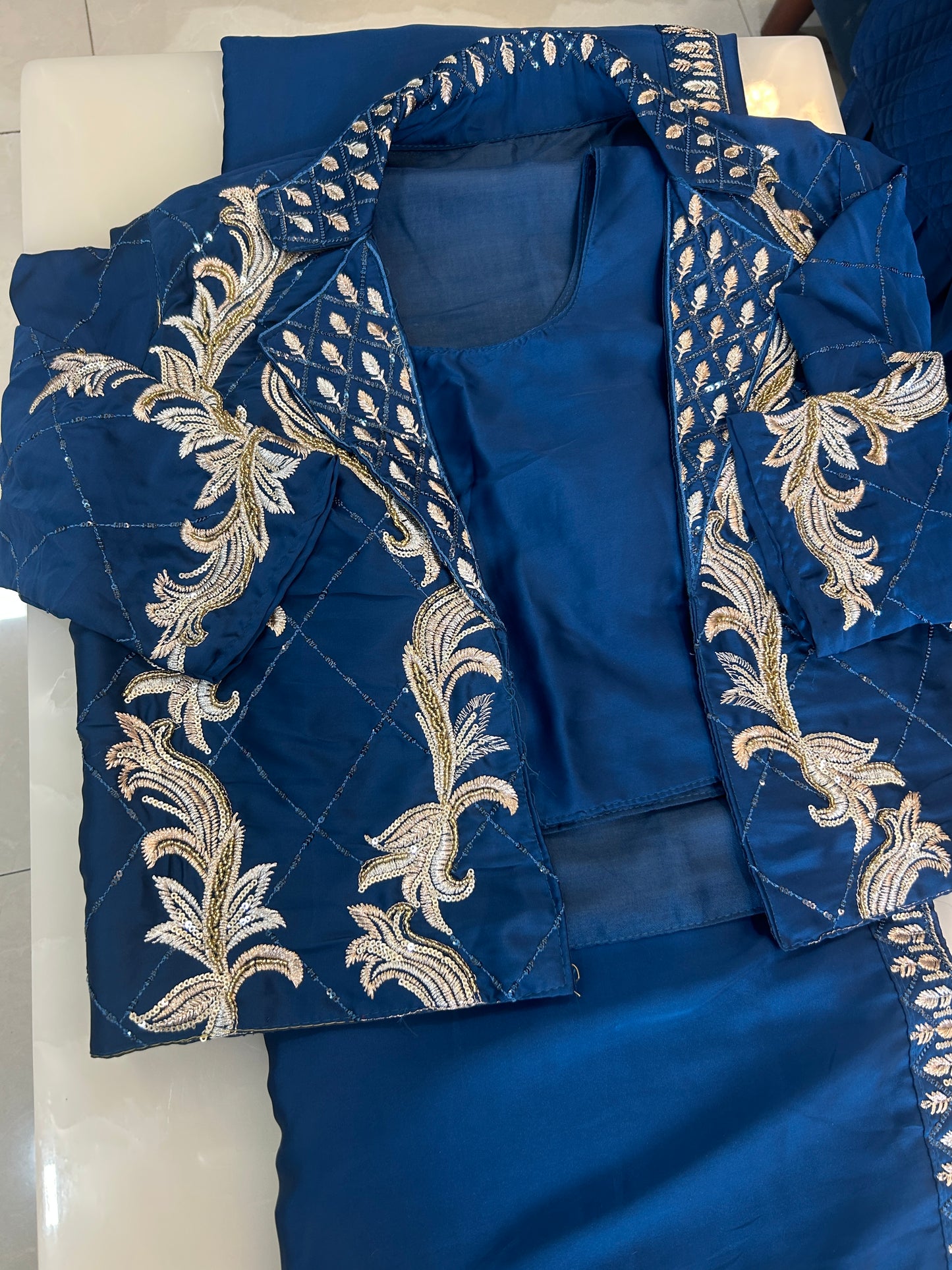 Royal Blue Satin Silk designer Party wear saree with ready made blouse and embroidered Jacket - SPW172