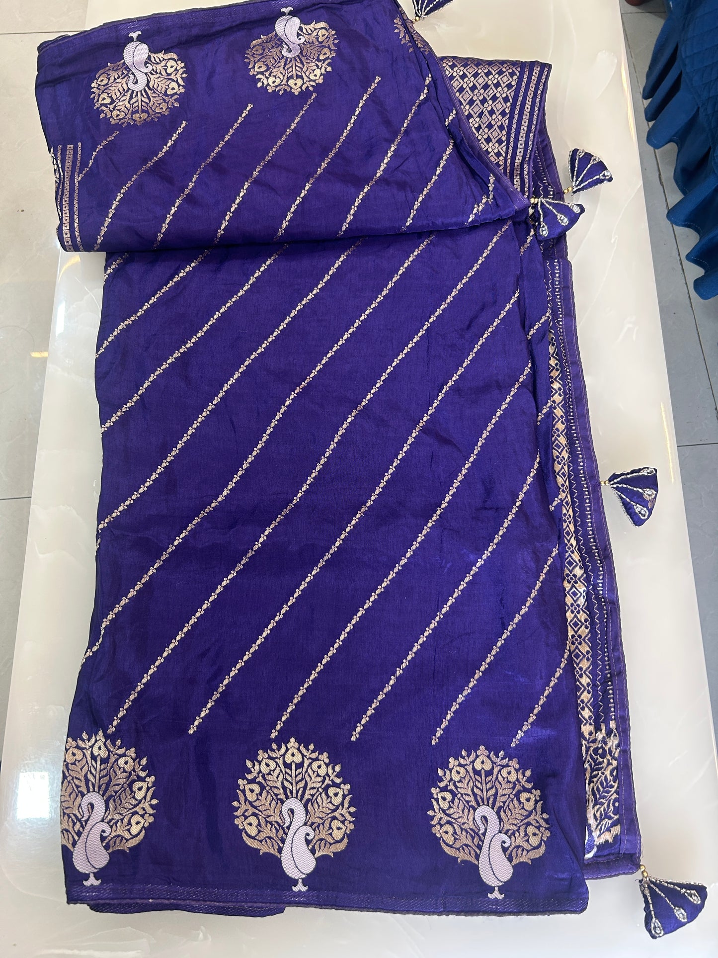 Violet color Semi Silk designer Party wear saree with heavy handwork ready made blouse - SPW170