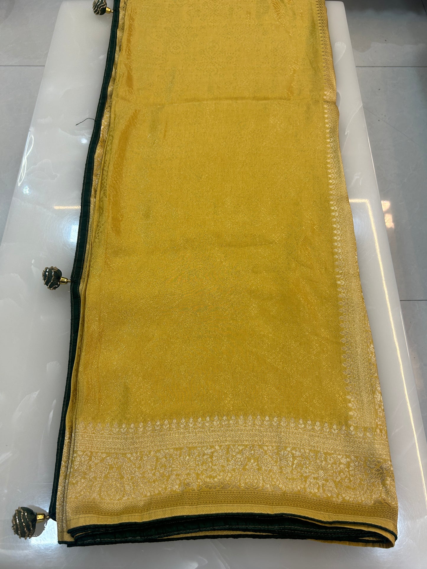 Yellow and green Semi Silk brocade Party Wear Saree with contrast Heavy handwork designer ready made blouse - SPW173