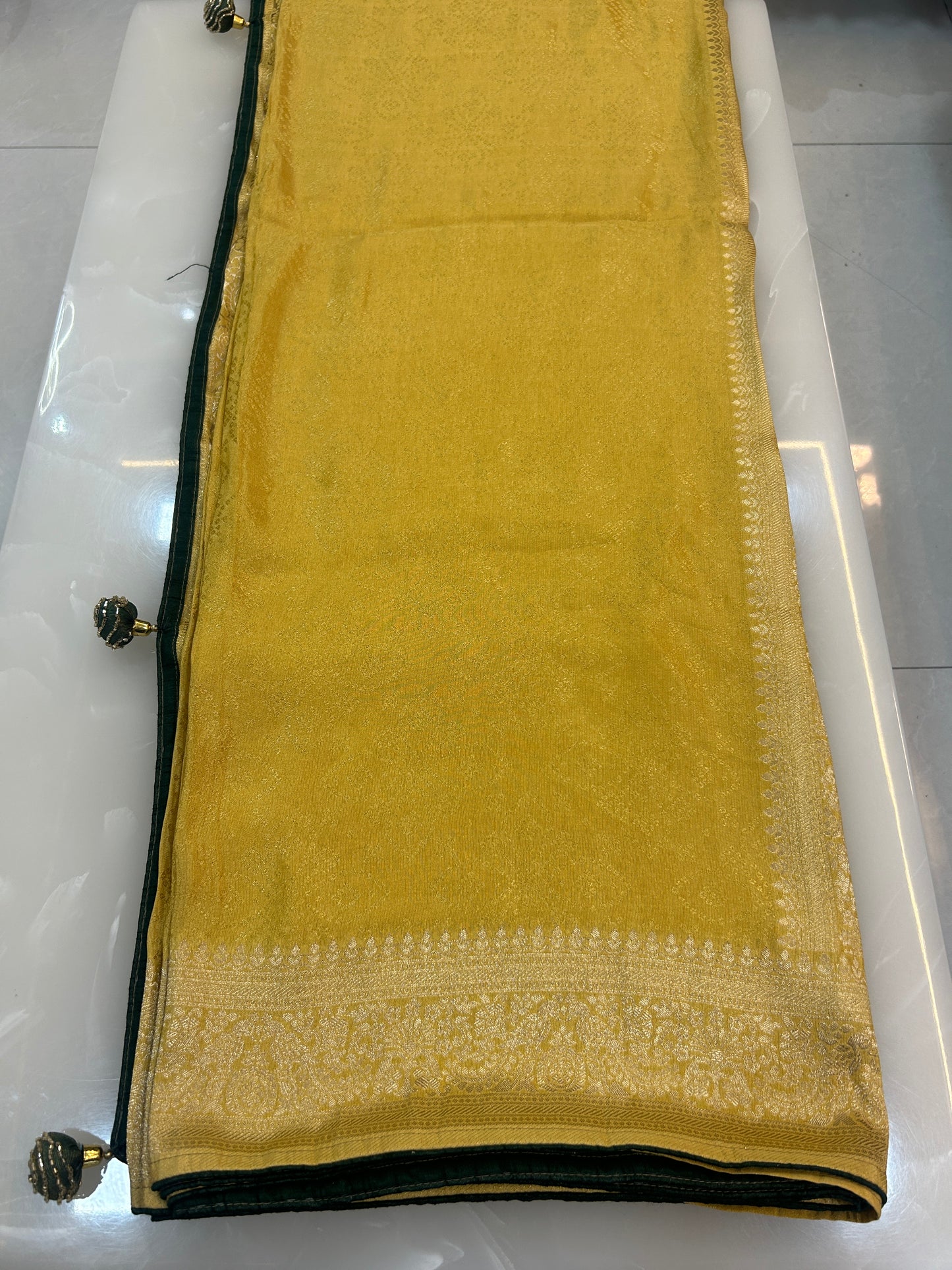 Yellow and green Semi Silk brocade Party Wear Saree with contrast Heavy handwork designer ready made blouse - SPW173