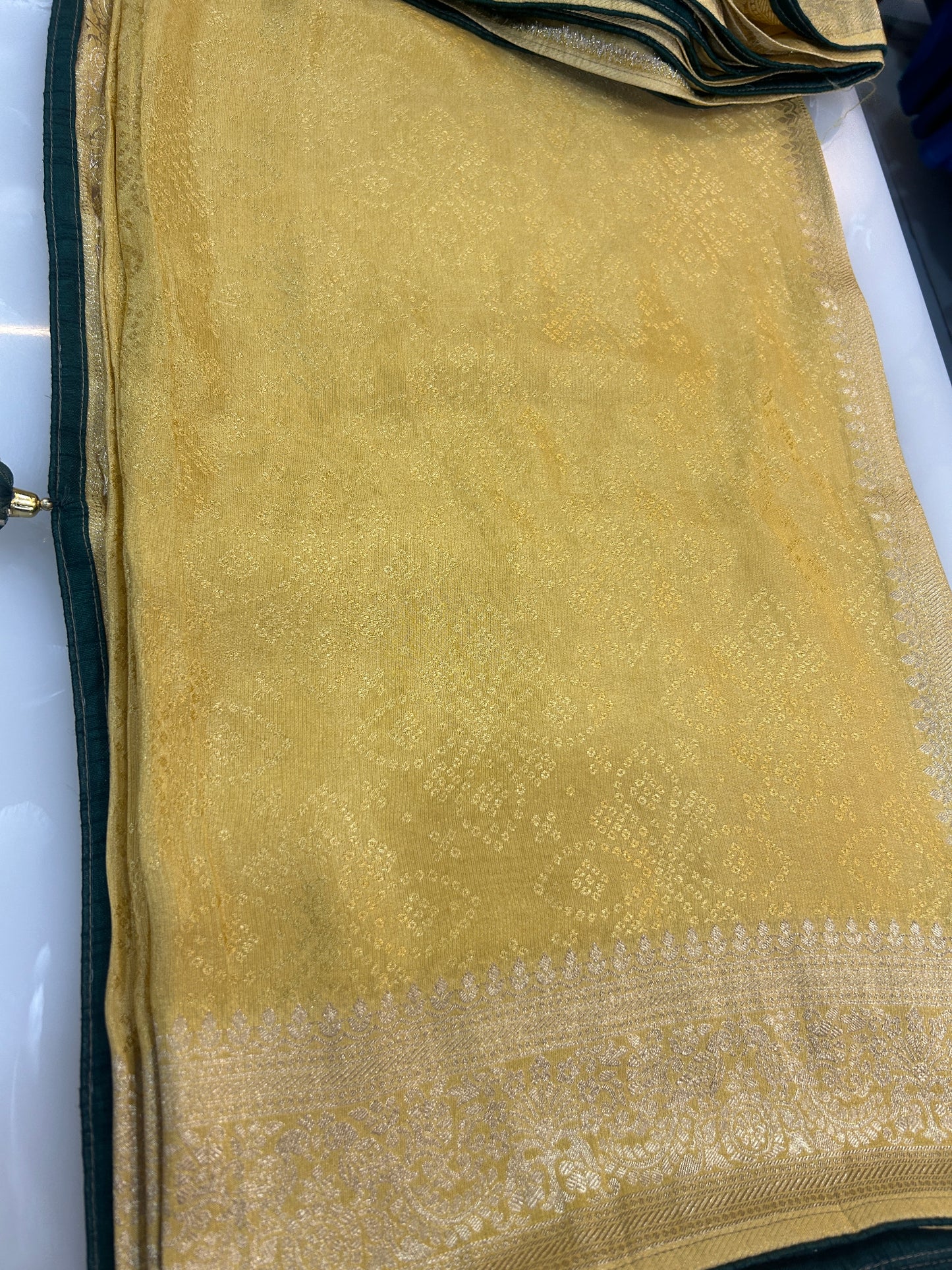 Yellow and green Semi Silk brocade Party Wear Saree with contrast Heavy handwork designer ready made blouse - SPW173