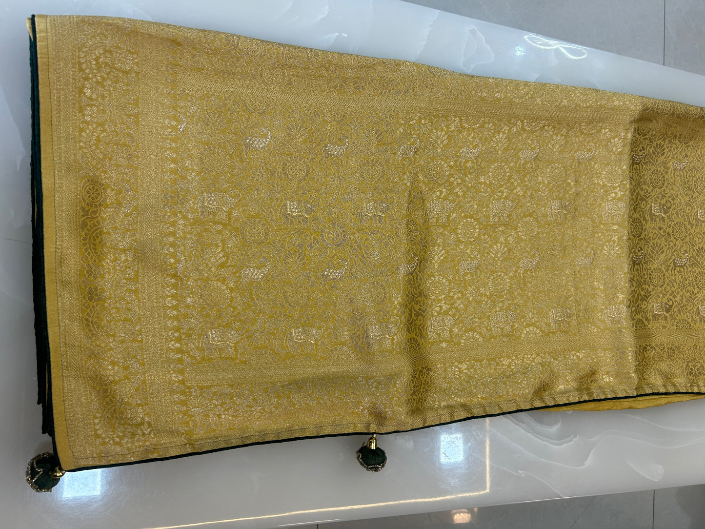 Yellow and green Semi Silk brocade Party Wear Saree with contrast Heavy handwork designer ready made blouse - SPW173
