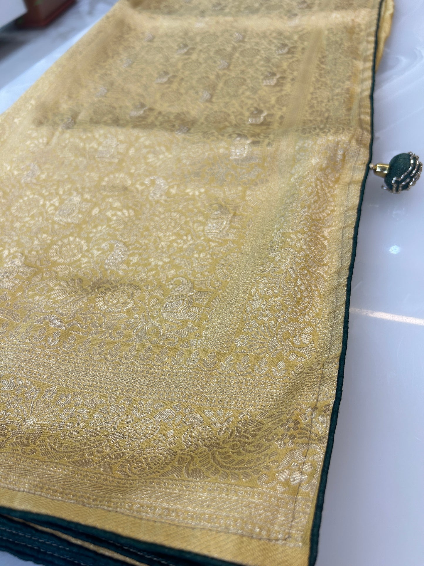 Yellow and green Semi Silk brocade Party Wear Saree with contrast Heavy handwork designer ready made blouse - SPW173
