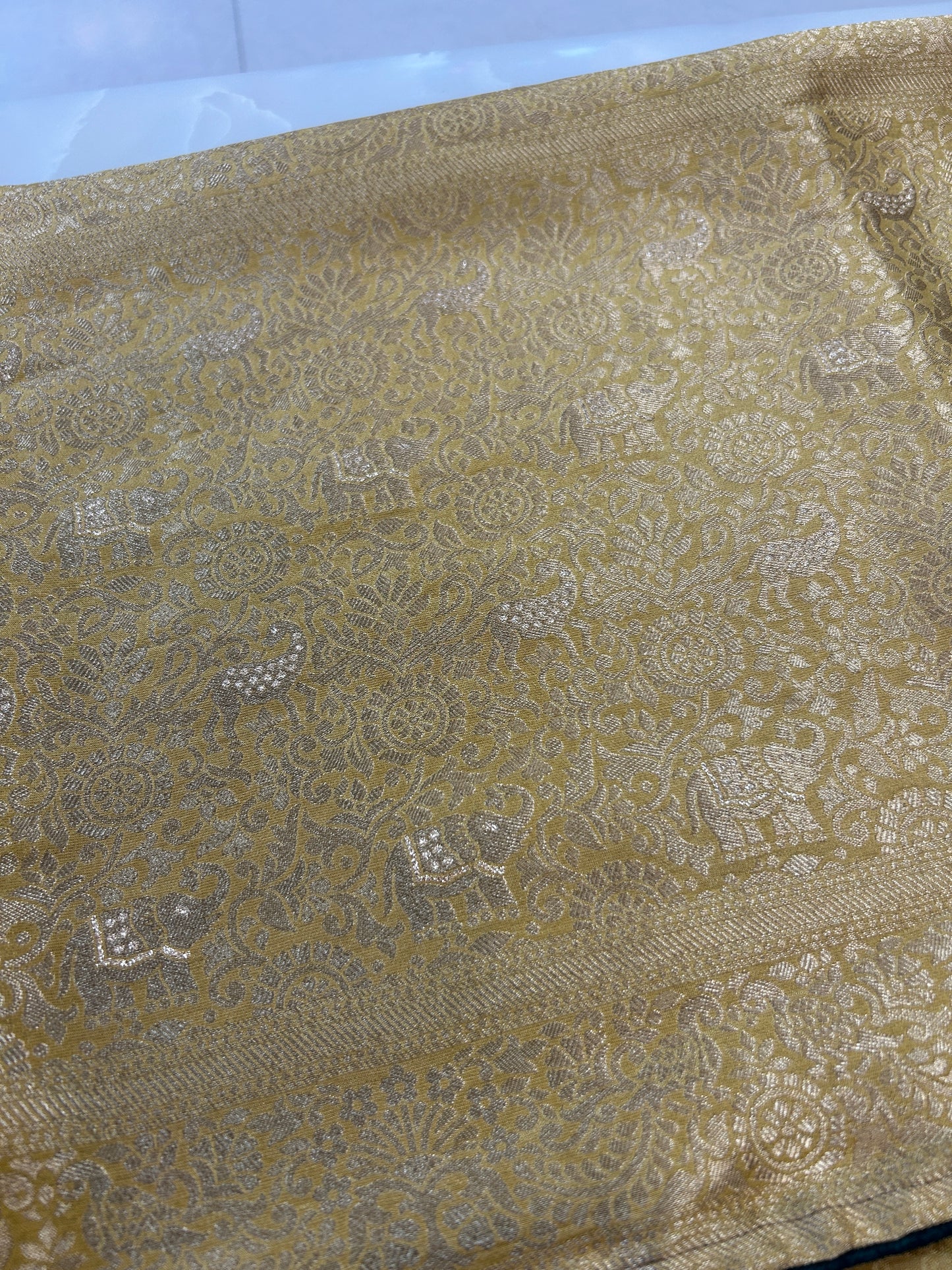 Yellow and green Semi Silk brocade Party Wear Saree with contrast Heavy handwork designer ready made blouse - SPW173