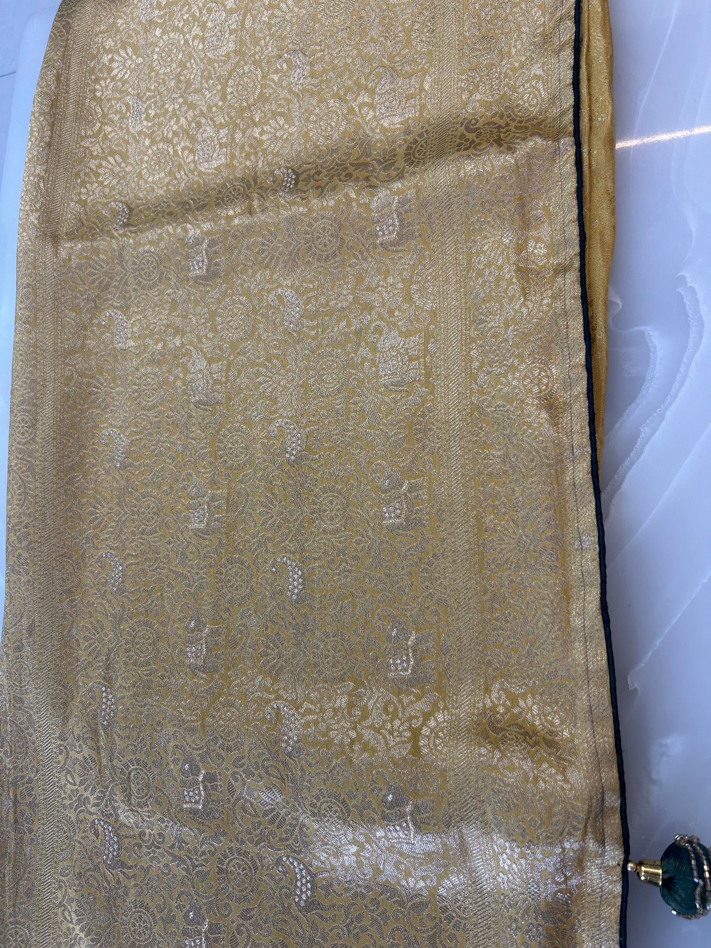 Yellow and green Semi Silk brocade Party Wear Saree with contrast Heavy handwork designer ready made blouse - SPW173