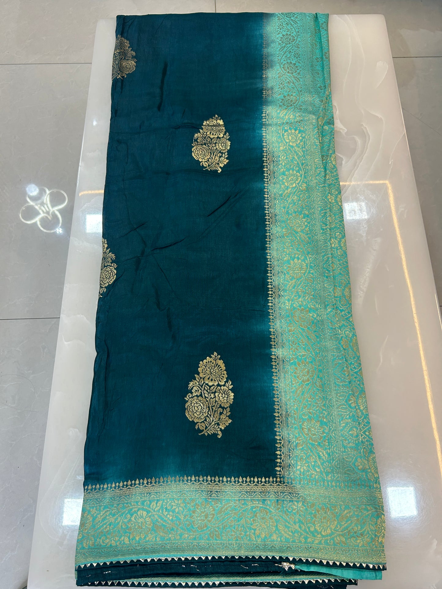 Deep Teal and Sea Green Semi Silk brocade designer party wear Saree with Sea Green color heavy handwork designer ready made blouse - SPW176