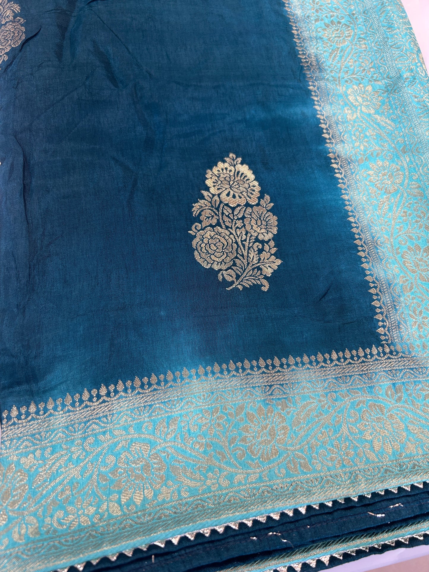 Deep Teal and Sea Green Semi Silk brocade designer party wear Saree with Sea Green color heavy handwork designer ready made blouse - SPW176