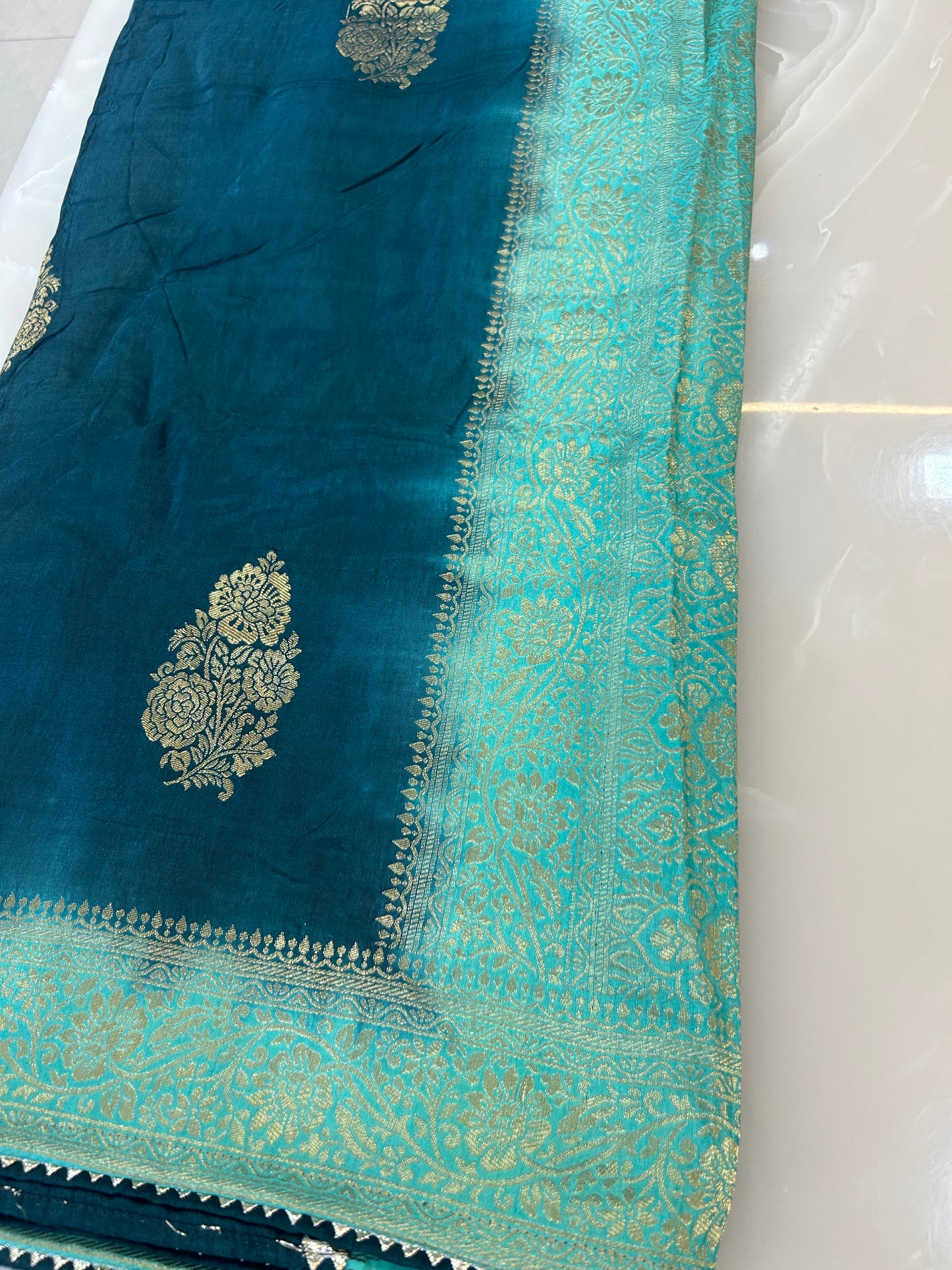 Deep Teal and Sea Green Semi Silk brocade designer party wear Saree with Sea Green color heavy handwork designer ready made blouse - SPW176