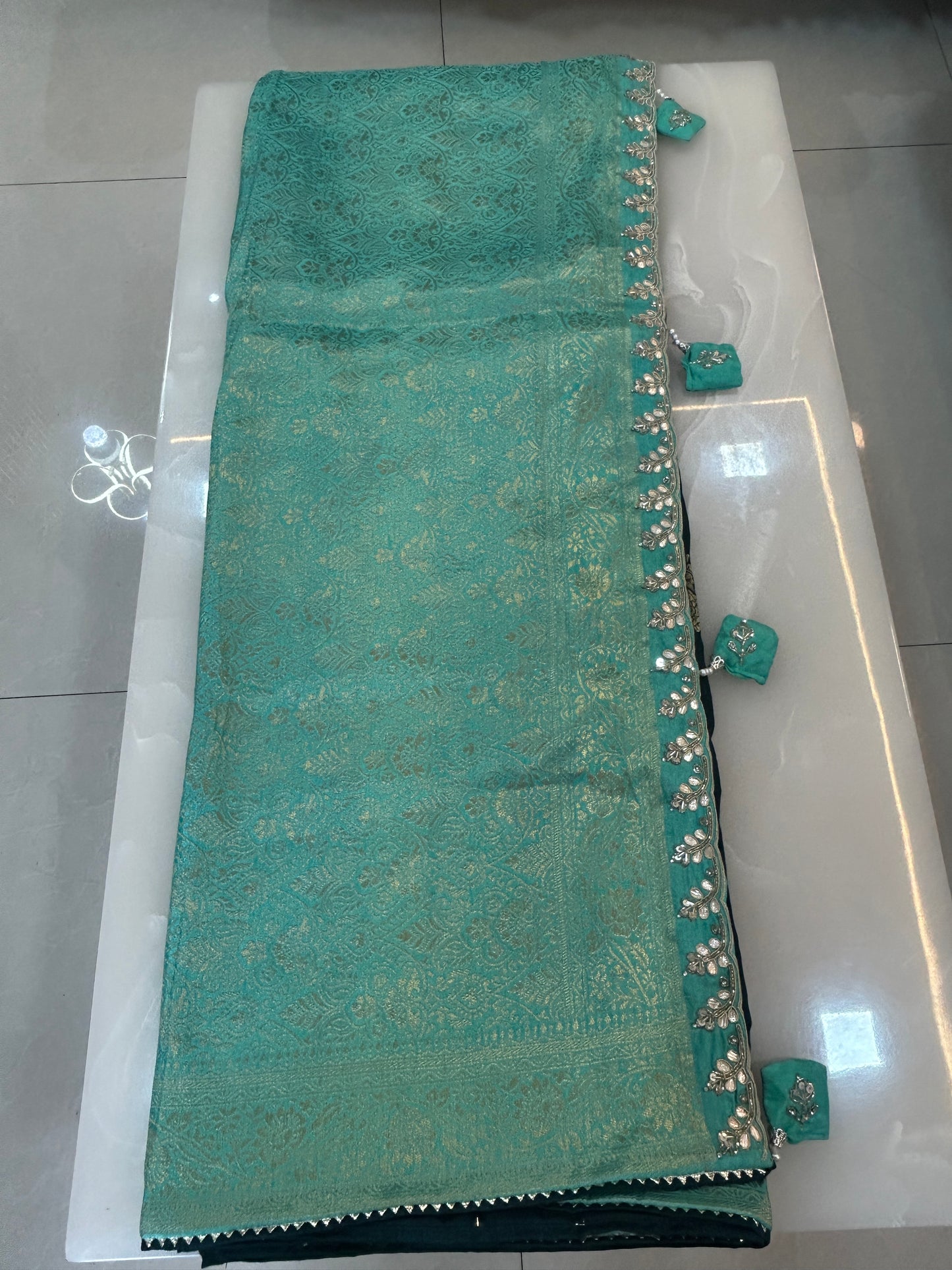 Deep Teal and Sea Green Semi Silk brocade designer party wear Saree with Sea Green color heavy handwork designer ready made blouse - SPW176