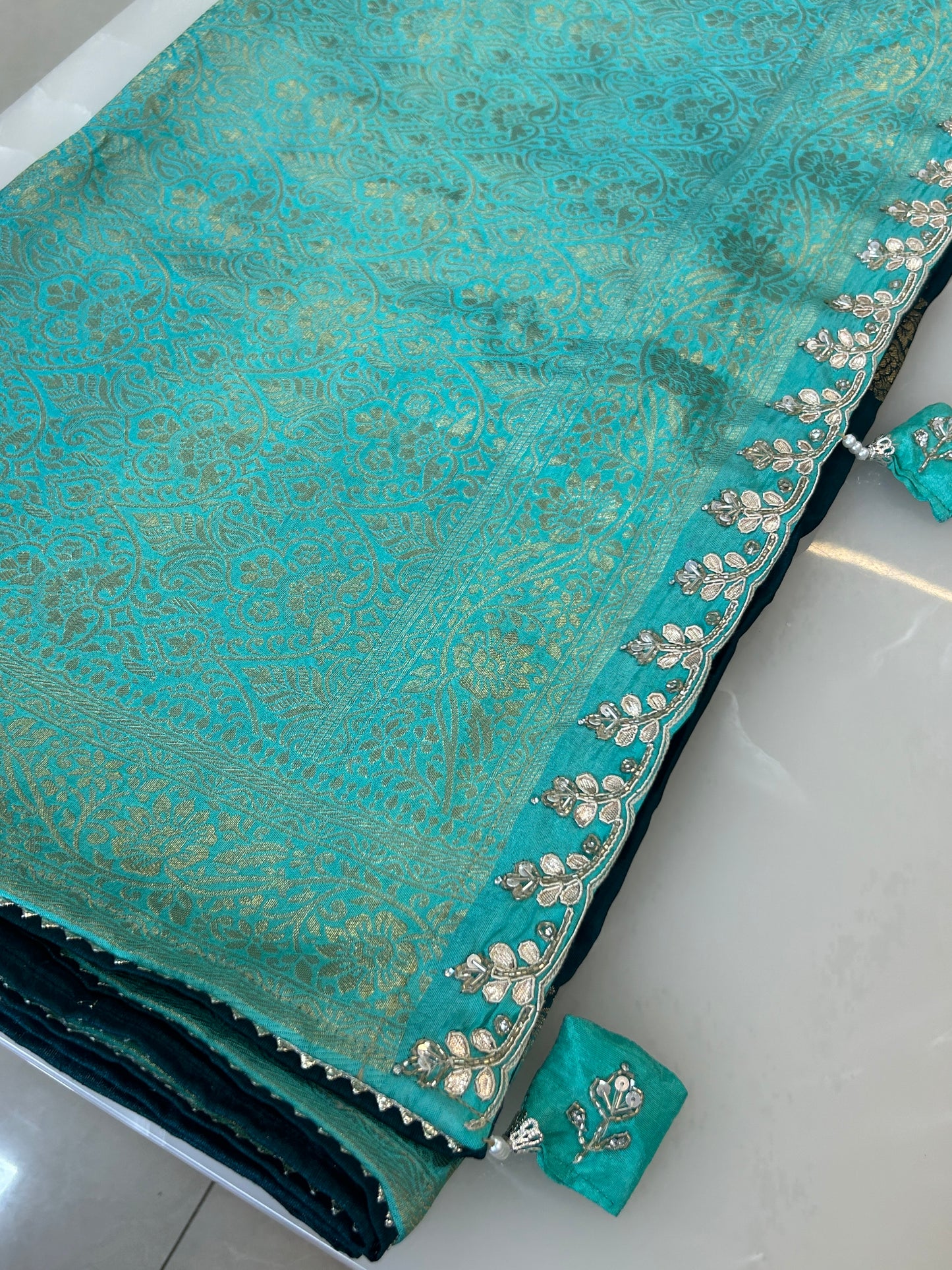 Deep Teal and Sea Green Semi Silk brocade designer party wear Saree with Sea Green color heavy handwork designer ready made blouse - SPW176