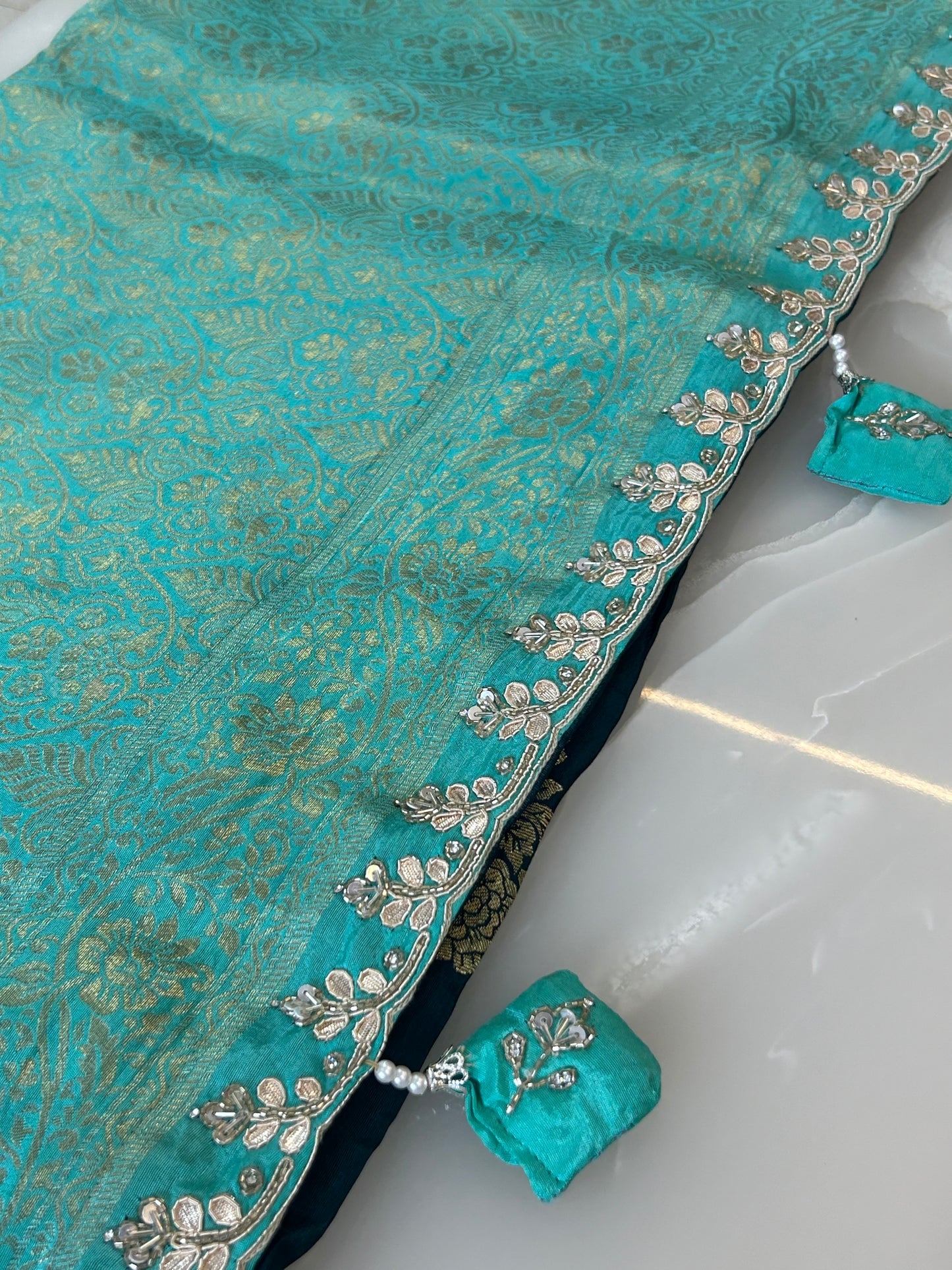 Deep Teal and Sea Green Semi Silk brocade designer party wear Saree with Sea Green color heavy handwork designer ready made blouse - SPW176