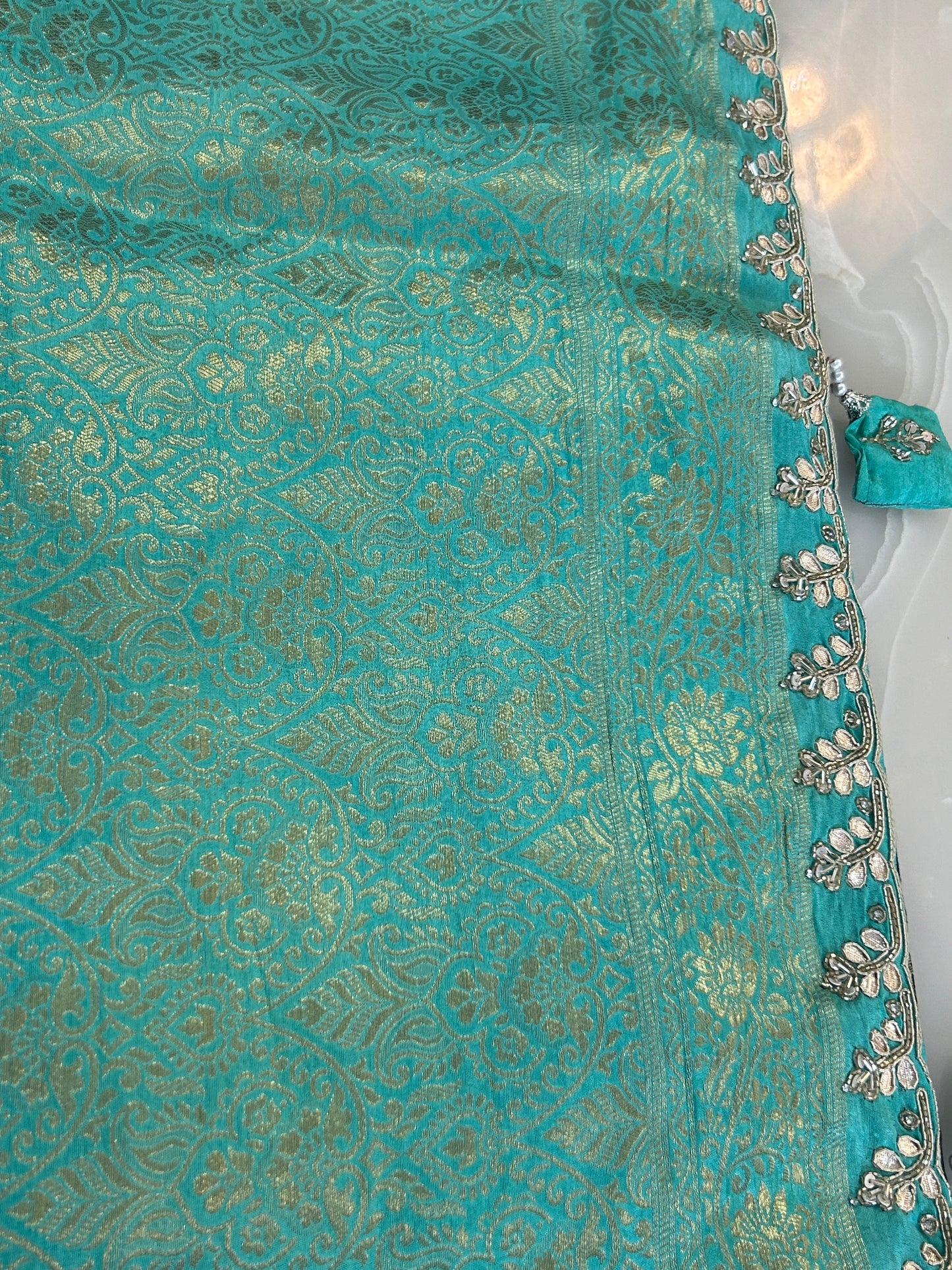 Deep Teal and Sea Green Semi Silk brocade designer party wear Saree with Sea Green color heavy handwork designer ready made blouse - SPW176