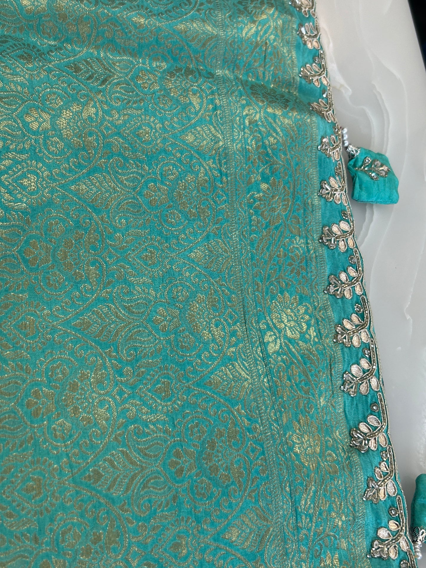 Deep Teal and Sea Green Semi Silk brocade designer party wear Saree with Sea Green color heavy handwork designer ready made blouse - SPW176