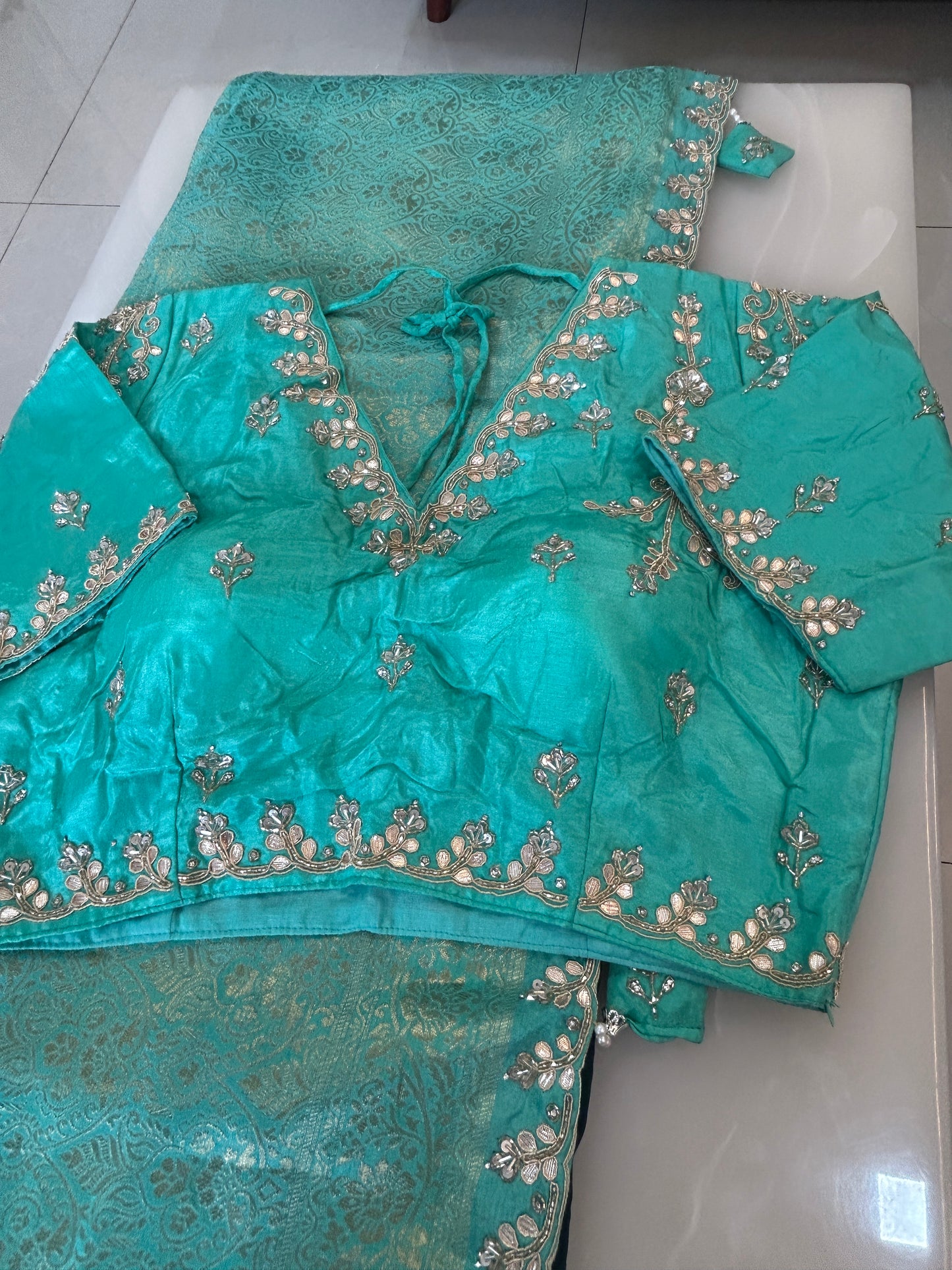 Deep Teal and Sea Green Semi Silk brocade designer party wear Saree with Sea Green color heavy handwork designer ready made blouse - SPW176