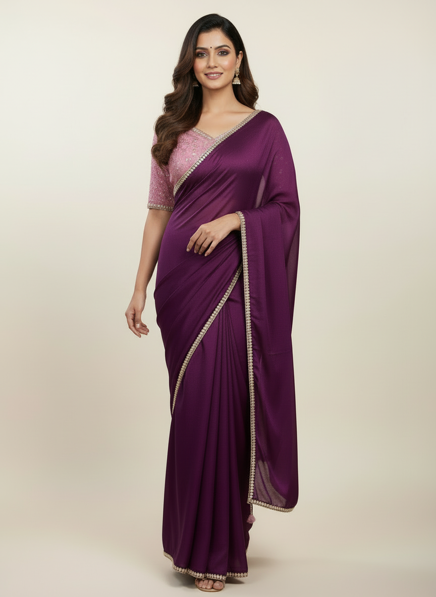 Deep wine designer party wear Saree with Lilac heavy handwork designer ready made blouse - SPW177