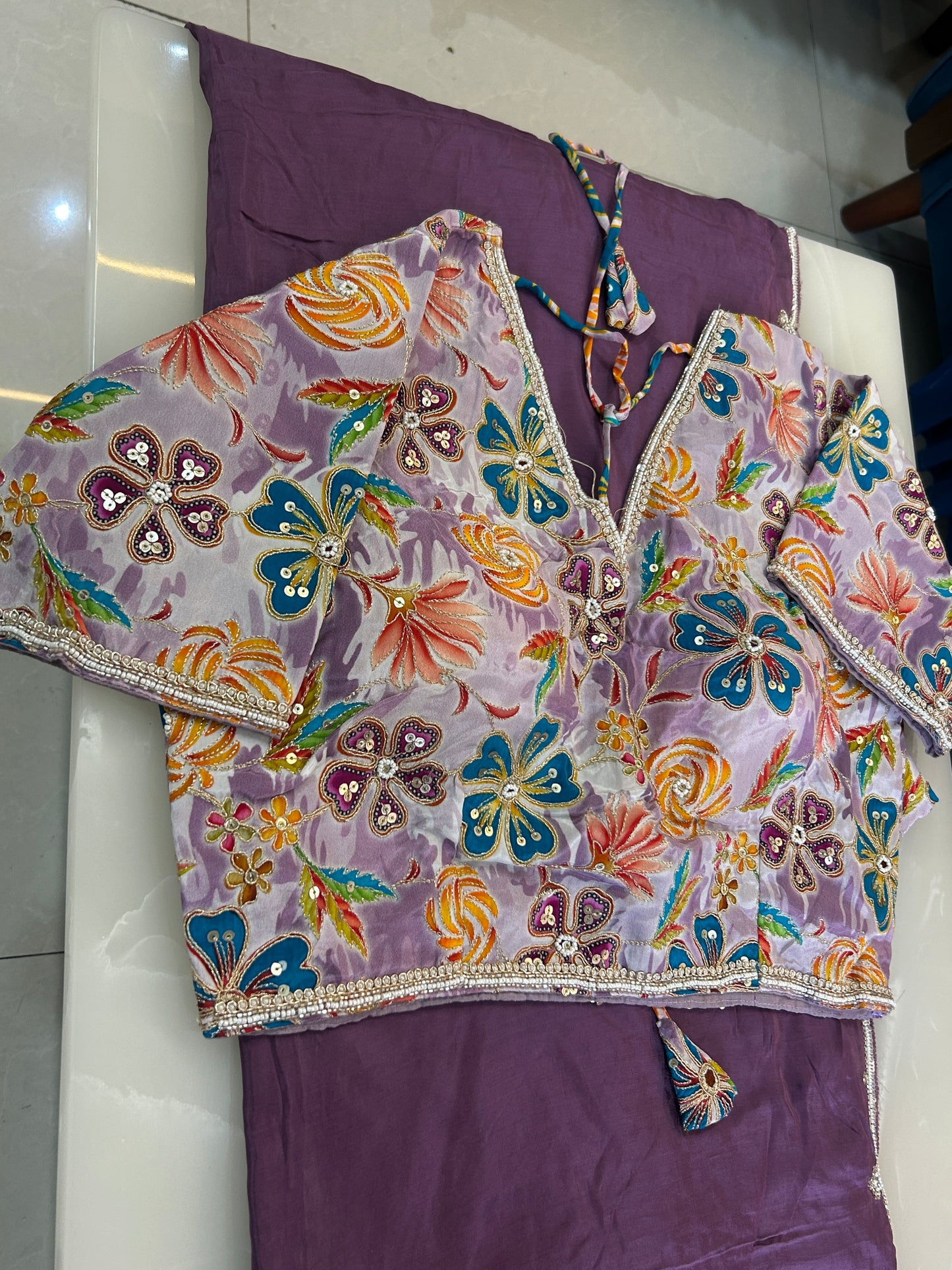 Dusty purple color designer party wear Saree with Floral multi color handwork designer ready made blouse - SPW184