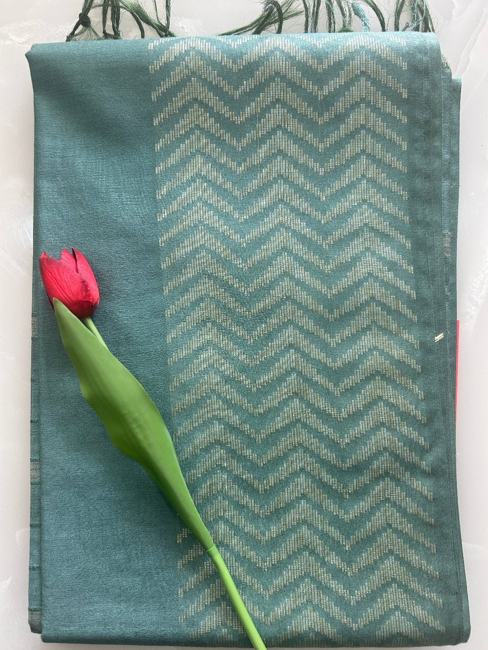 Pastel green Zig Zag Zari buty weaving Art Tusser Saree SAS46