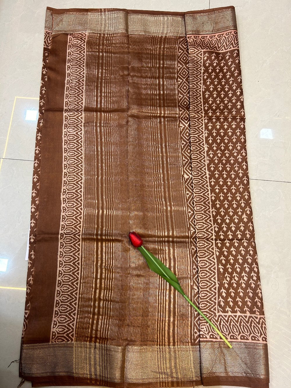 Coffee brown block print Zari border Art Maheshwari silk saree SAS53
