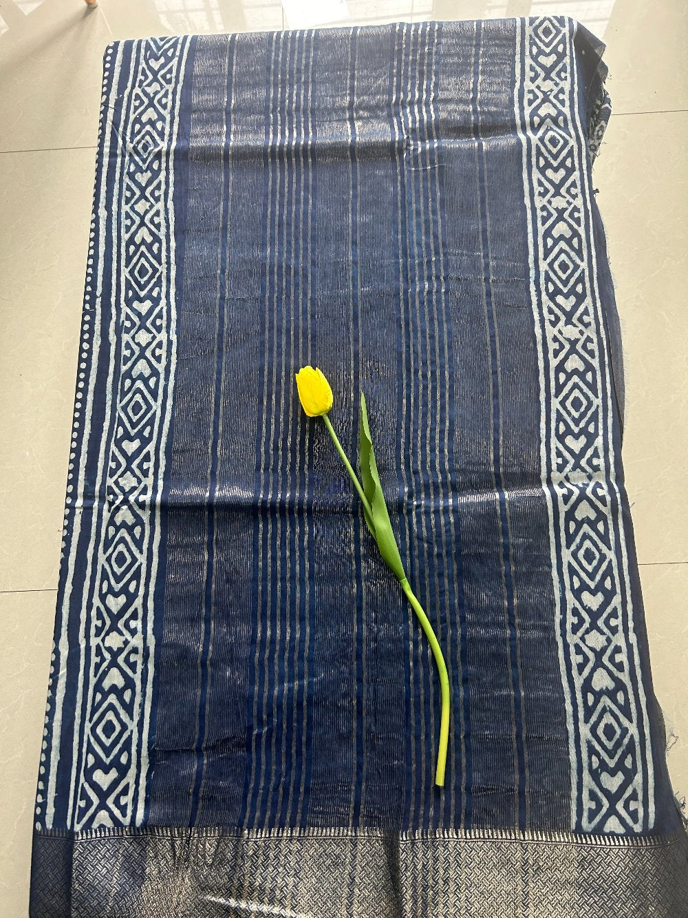 Indigo Blue Dabu print Zari border Art Maheshwari silk saree SAS60