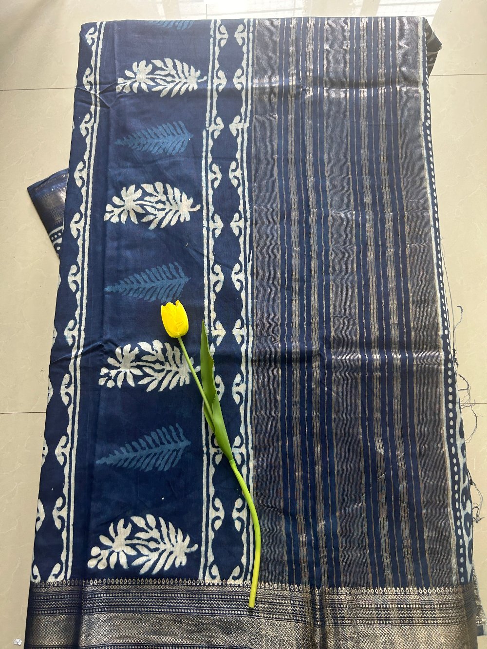 Indigo Blue Dabu print Zari border Art Maheshwari silk saree SAS63
