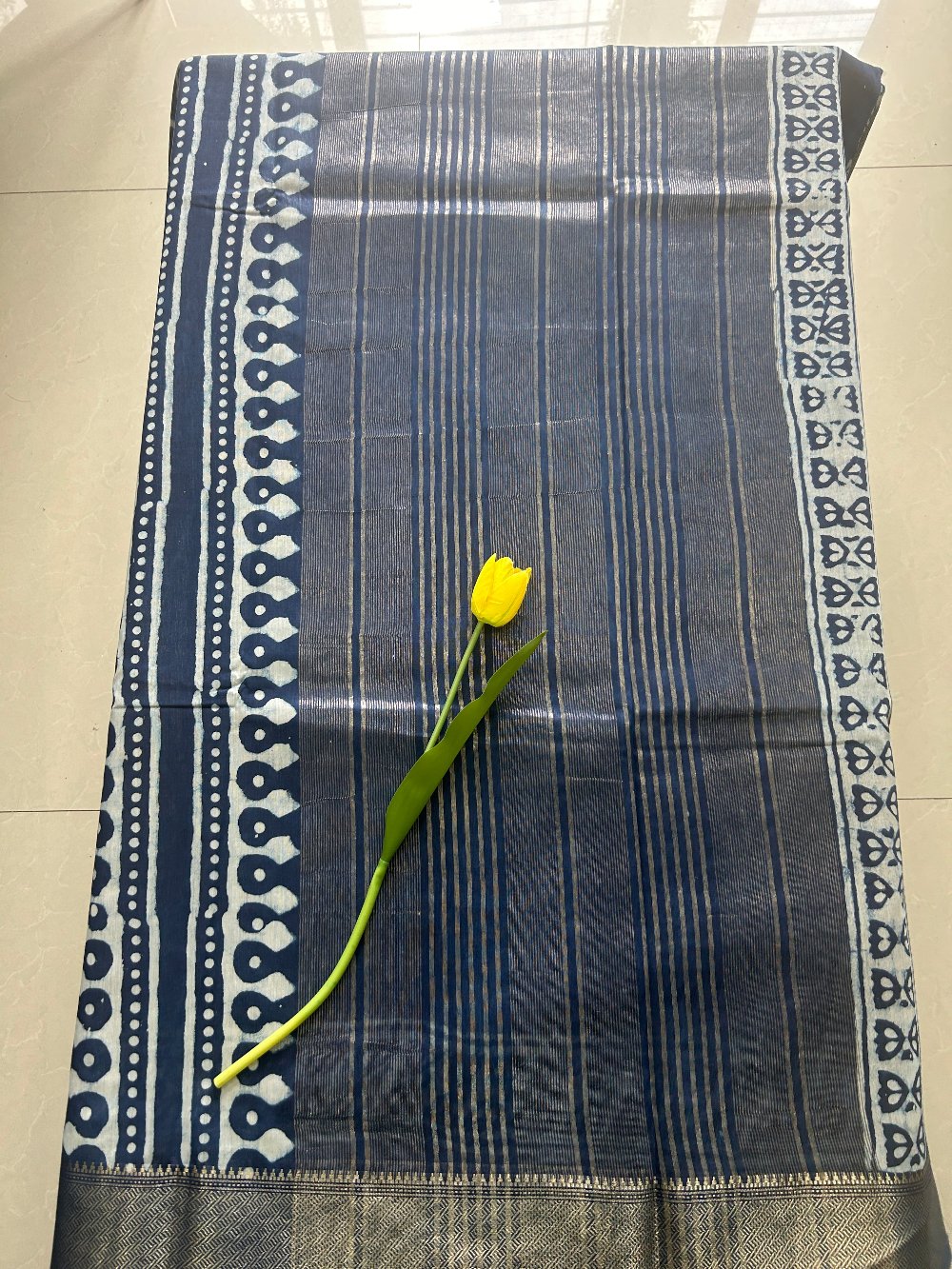 Indigo Blue Dabu print Zari border Art Maheshwari silk saree SAS64