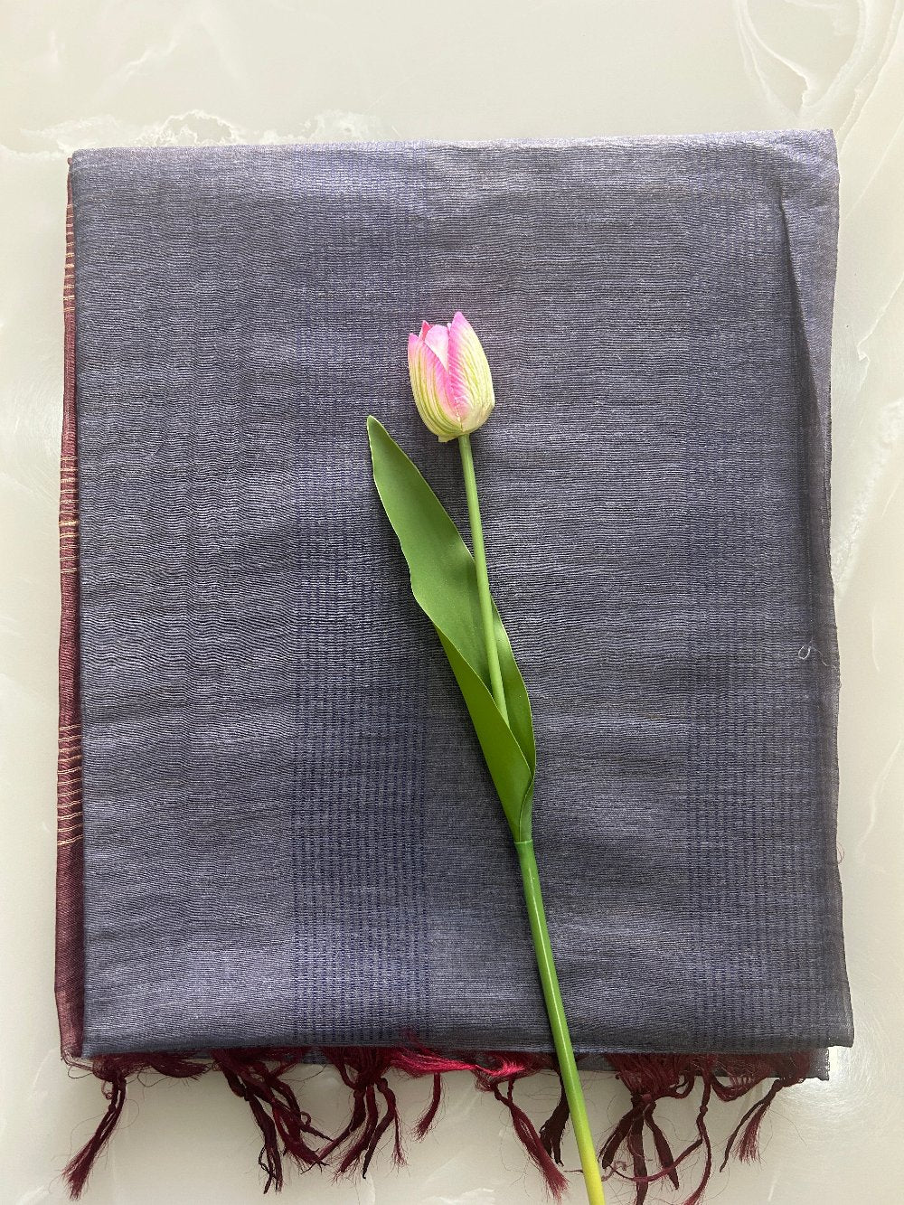 Bluish grey and red shaded 8 lines Art tusser silk saree SAS73