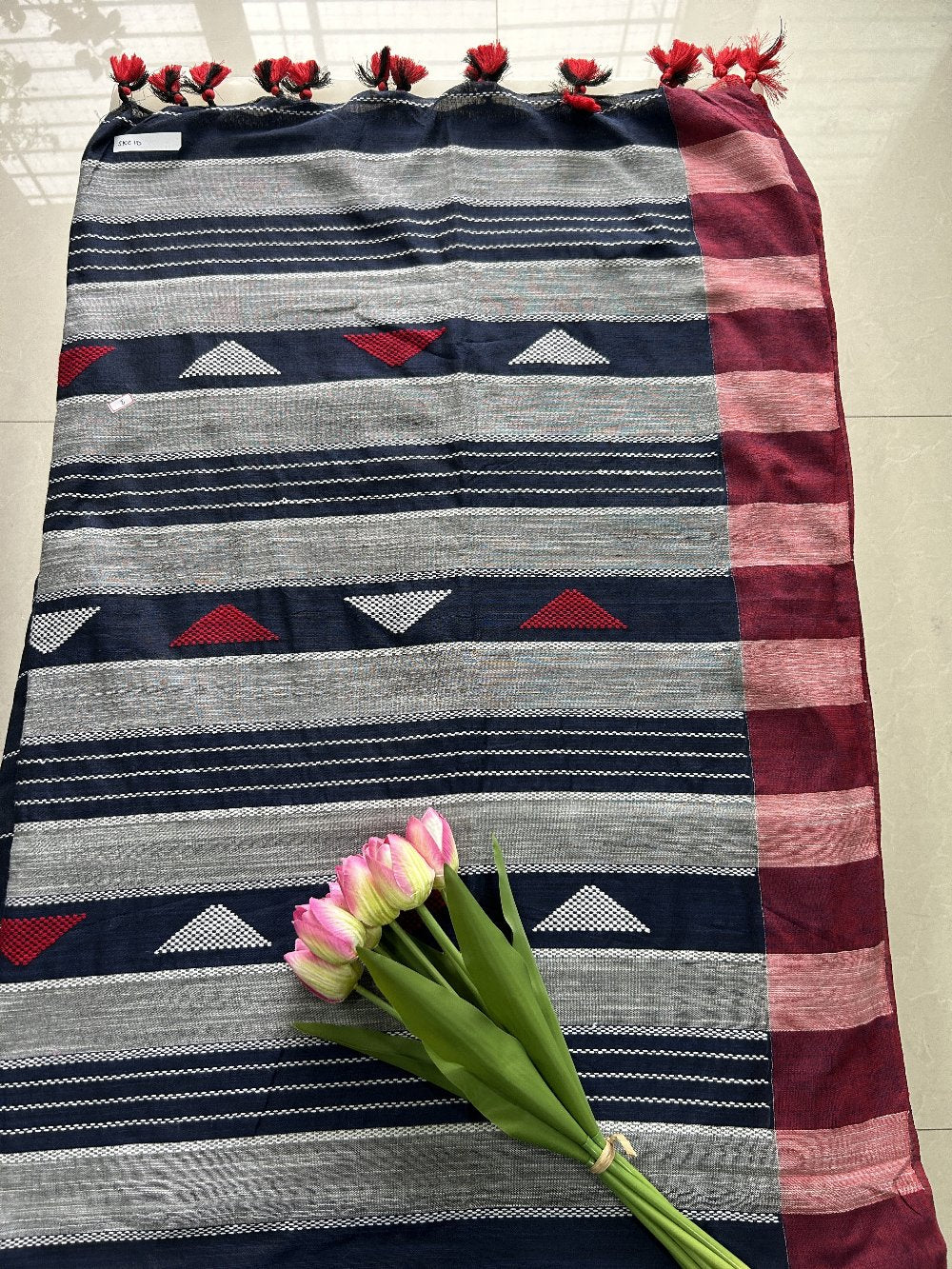 Blue and Red Khadi cotton Pure Handloom Saree with Blouse piece SKC10
