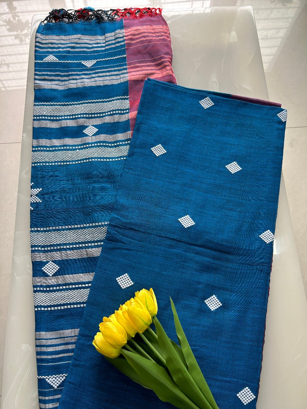 Blue and Red Khadi cotton all over thread butta Pure Handloom Saree with Blouse piece SKC14