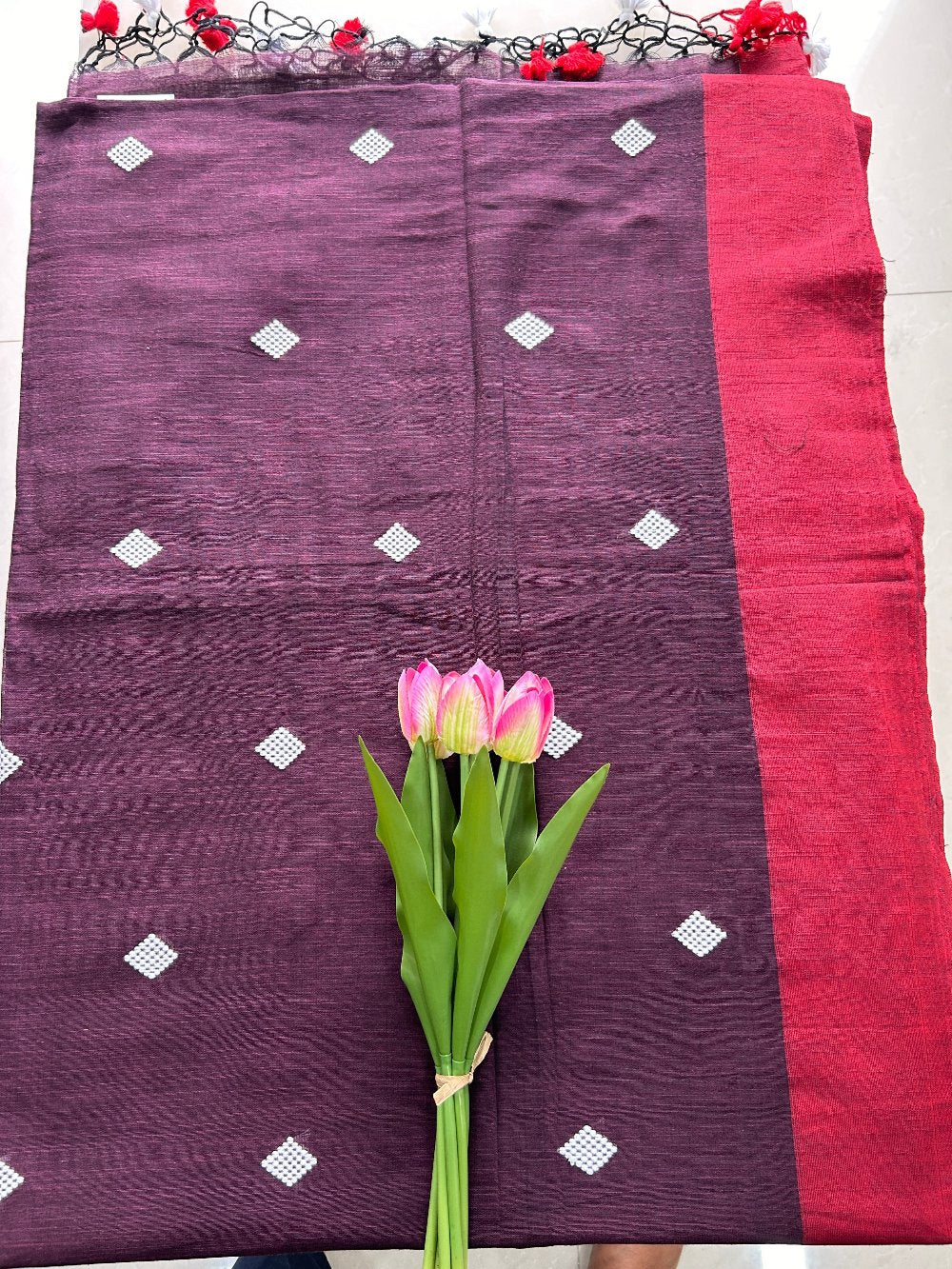 Coffee Brown -Red Khadi Cotton all over thread butta Pure Handloom Saree with Blouse piece SKC16