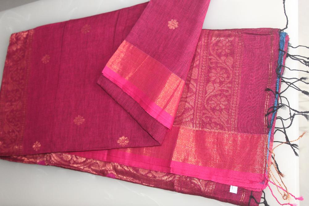 Reddish Magenta Organic Linen Banarasi weaving Pure Handloom Saree with Blouse piece SLN125