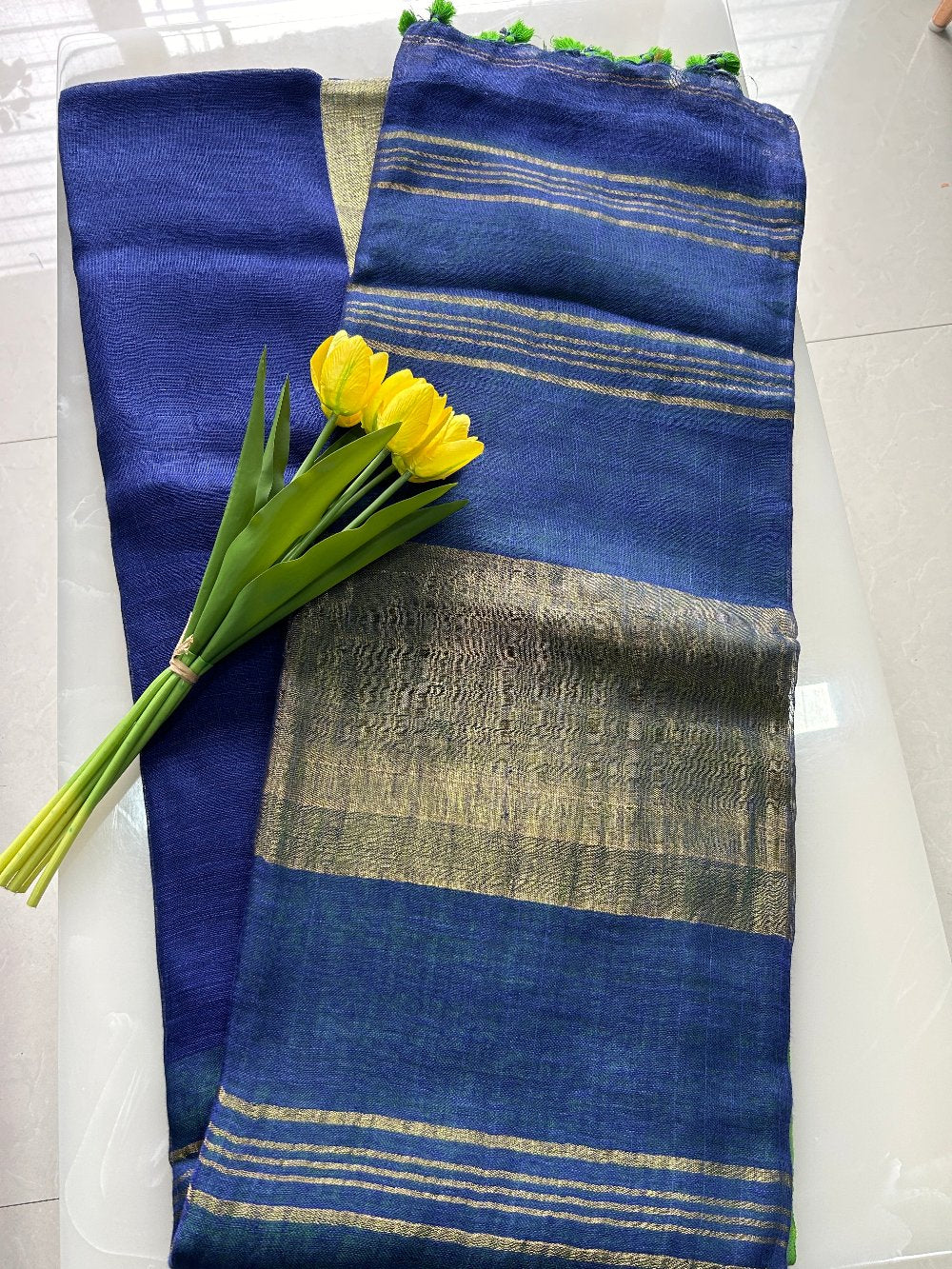 Blue-Green Linen Pure Handloom Saree with Blouse Piece SLN32