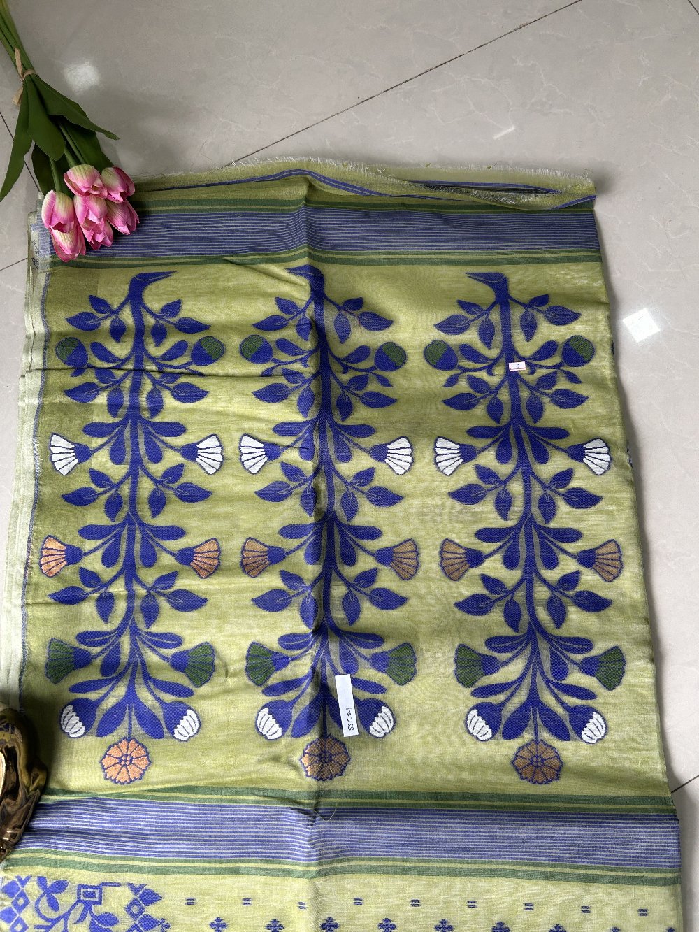 Lemon Yellow-Blue-White Cotton Jamdani SSC21