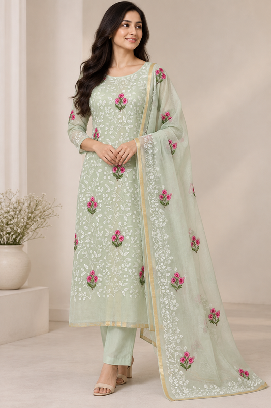 Sage Green Mixed Cotton Kota Doria Unstitched Suit Set