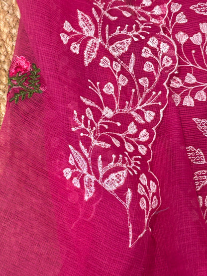 Rani Pink Mixed Cotton Kota Doria Unstitched Suit Set
