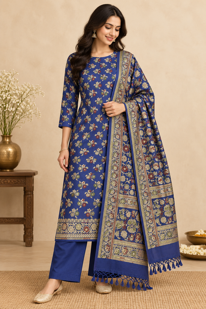 Royal Blue Mul Chanderi Banarasi 3-Piece Suit Material