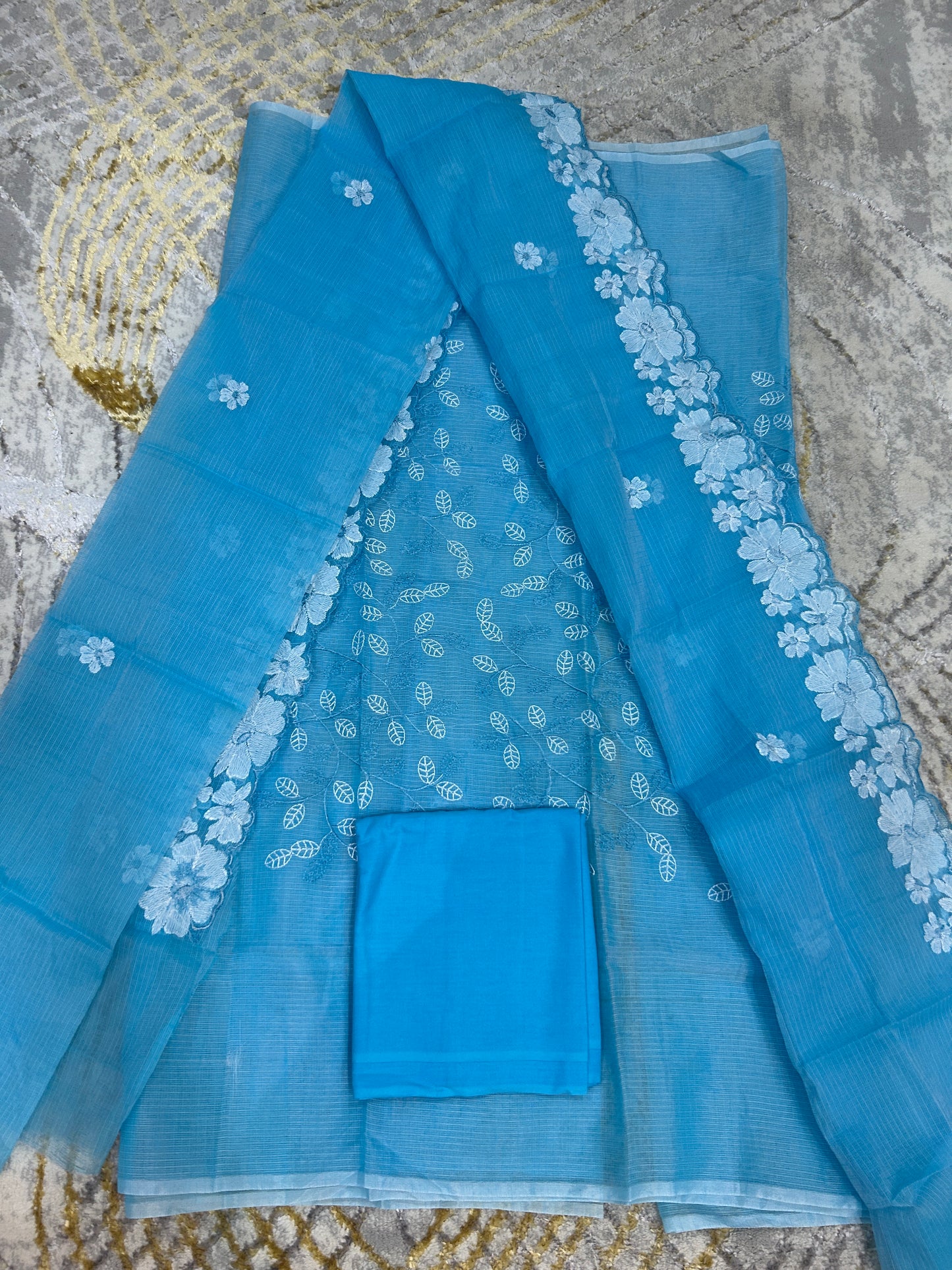 Sky Blue Embroidered Kota Doria 3 piece unstitched Dress Material